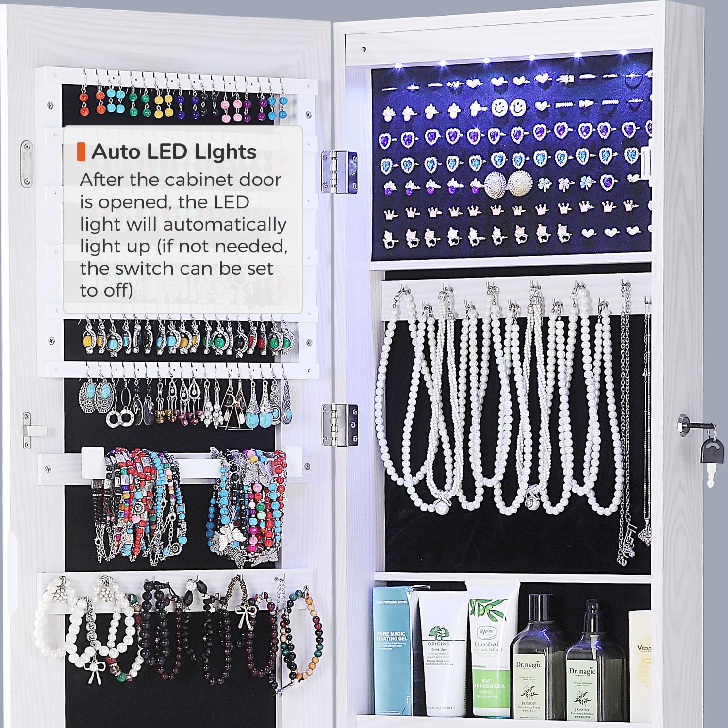 GISSAR Full Length Mirror Jewelry Cabinet with 6 LED Lights - Wall Mounted or Over The Door Hanging Jewelry Armoire - Lockable White Jewelry Organizer Storage for Bedroom, Closet & Dressing Room