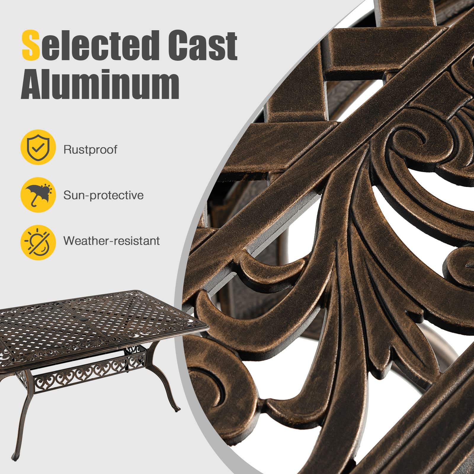Tangkula 59 Inch Outdoor Dining Table - All-Weather Cast Aluminum Patio Table with Umbrella Hole - 6-8 Person Rectangular Garden Table for Backyard, Poolside & Outdoor Entertaining (Bronze)
