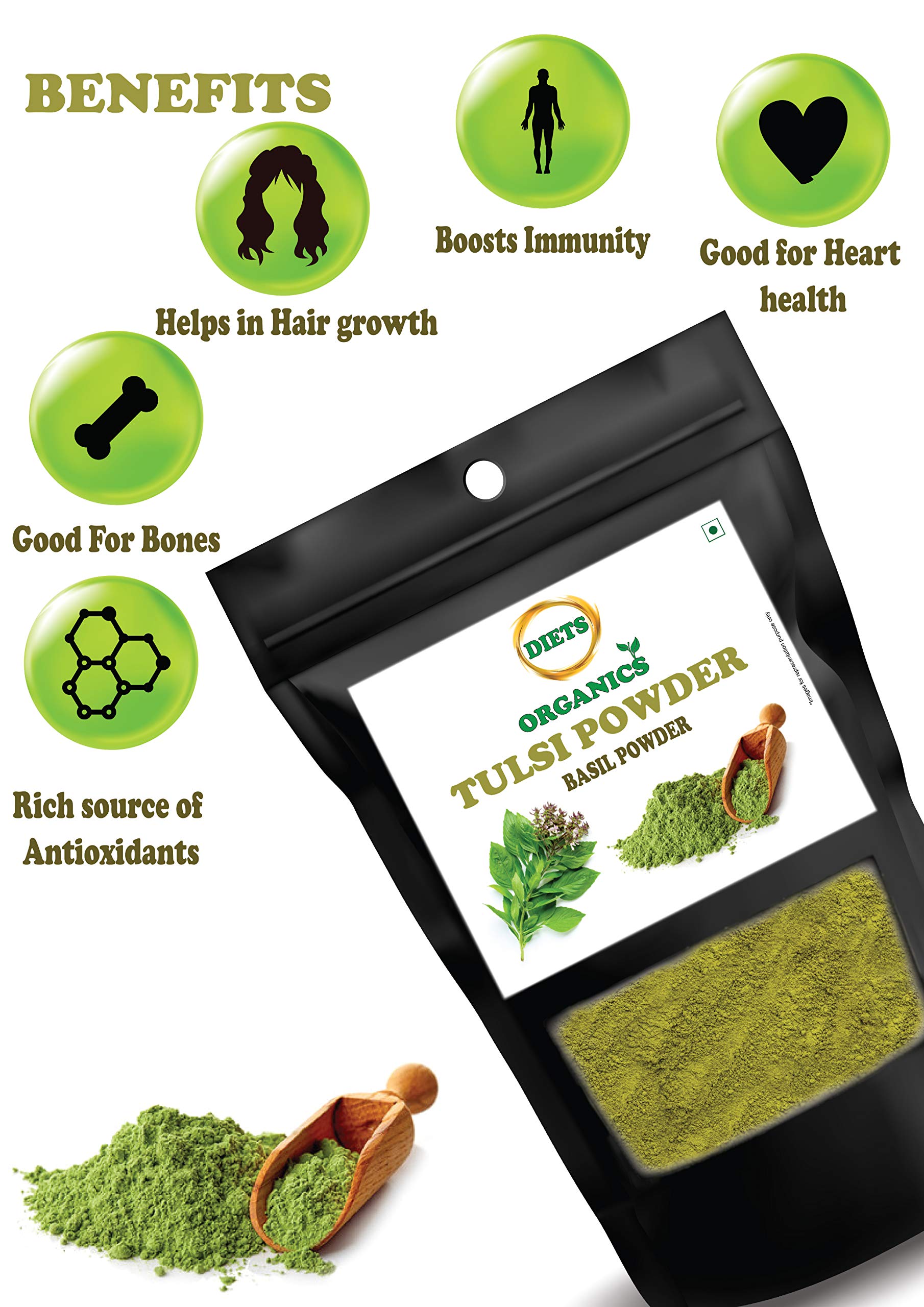 DIETS ORGANICS Pure Thulasi Powder (Tulsi/Basil Leaves Powder) 250g - Natural Ayurvedic Herb for Hair, Skin & Face Care - Perfect for Tea, Cooking & Beauty DIY