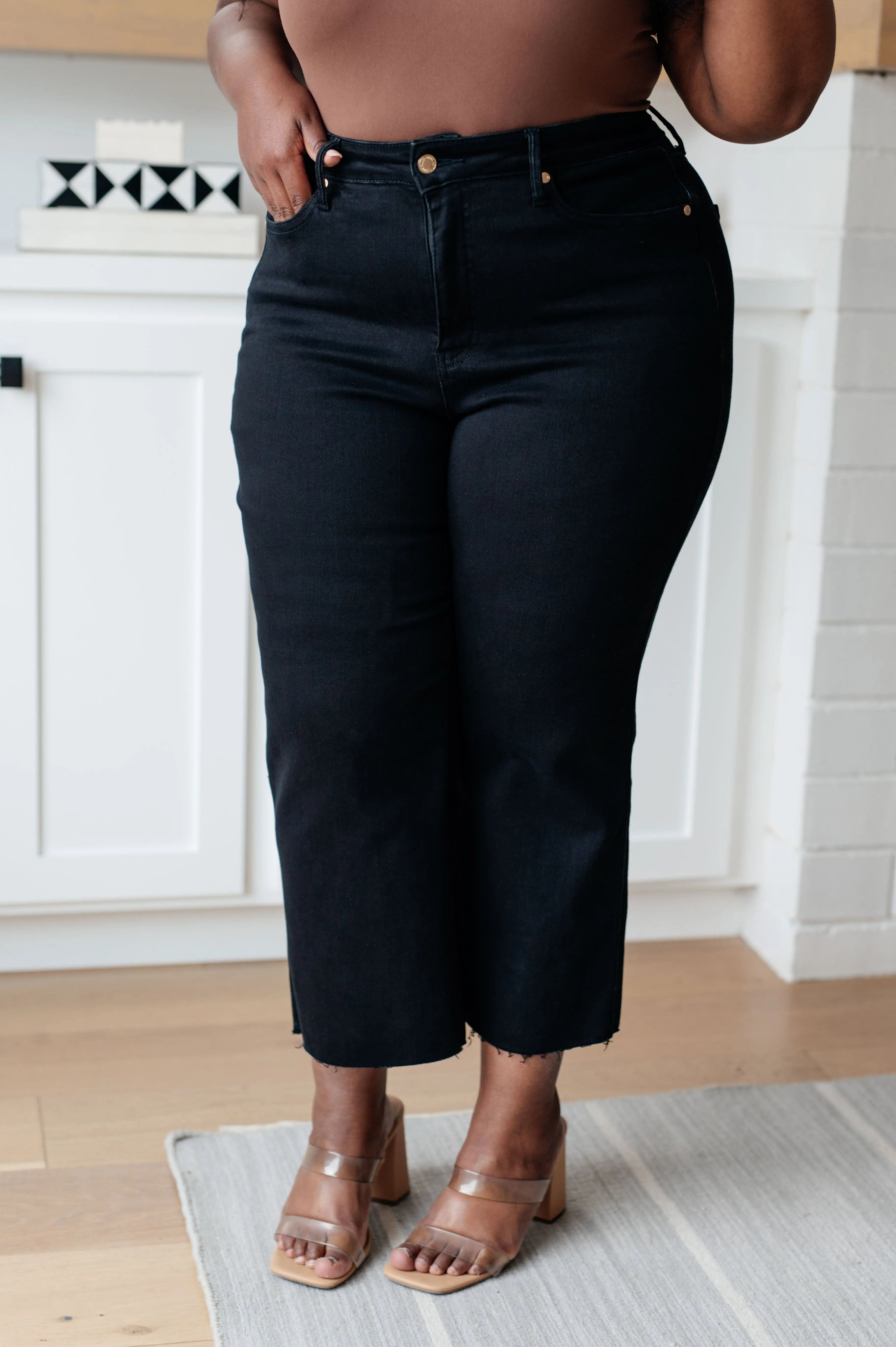 Lizzy High Rise Control Top Wide Leg Crop Jeans for Women - Black Denim Pants for Casual & Work Outfits | Comfortable Stretch Jeans with Tummy Control