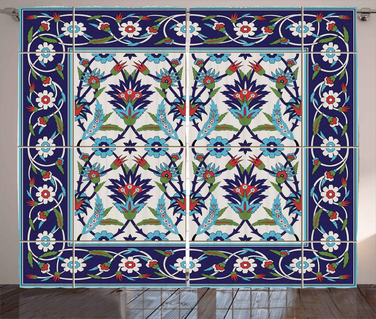 Ambesonne Turkish Pattern Curtains - Mosaic Tile Design with Nature Inspired Tulips & Daisies - 2 Panel Window Drapes 108