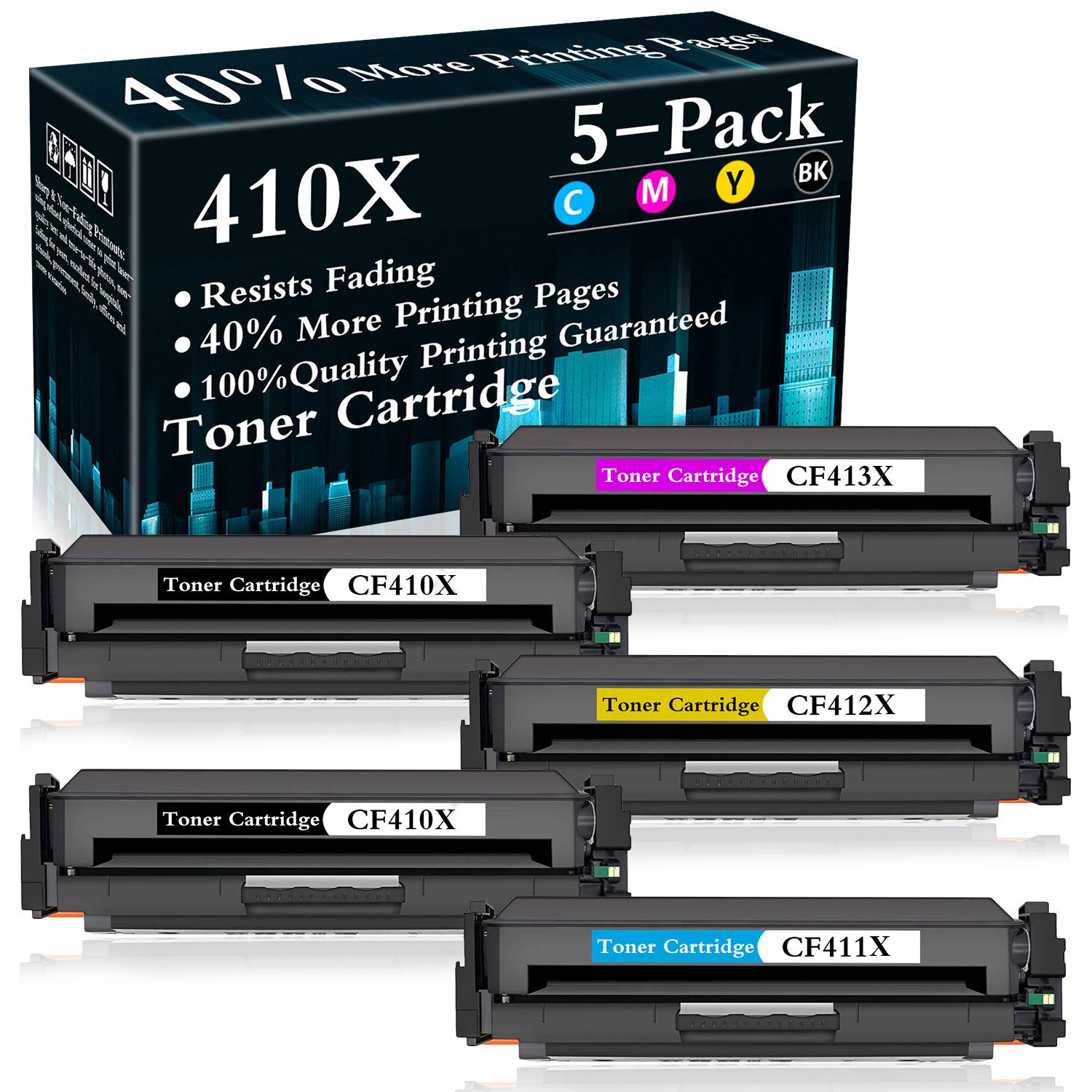 5-Pack (2BK+C+Y+M) 410X | CF411X CF412X CF413X CF410X Compatible Toner Cartridge Replacement for HP Color LaserJet Pro M477fdn M477fdw M477fnw M452dn M452dw M452nw MFP M377dw - High Yield Printing for Office & Home Use