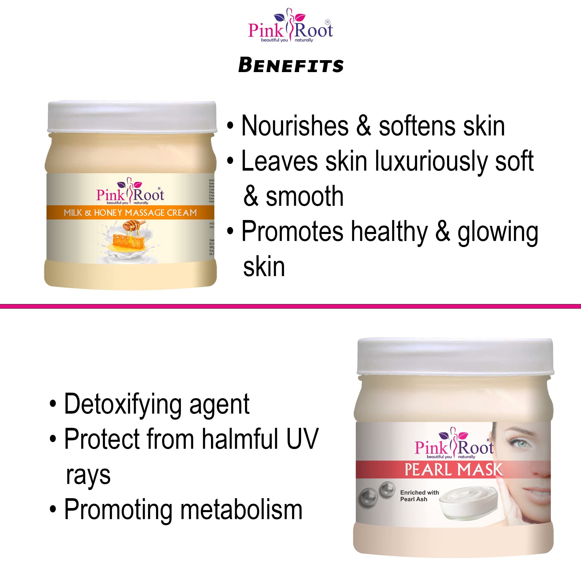 Pink Root Milk & Honey Massage Cream 500ml with Pearl Mask - Hydrating & Nourishing Skincare Set for Body & Face - Perfect for Spa, Relaxation & Self-Care Routines