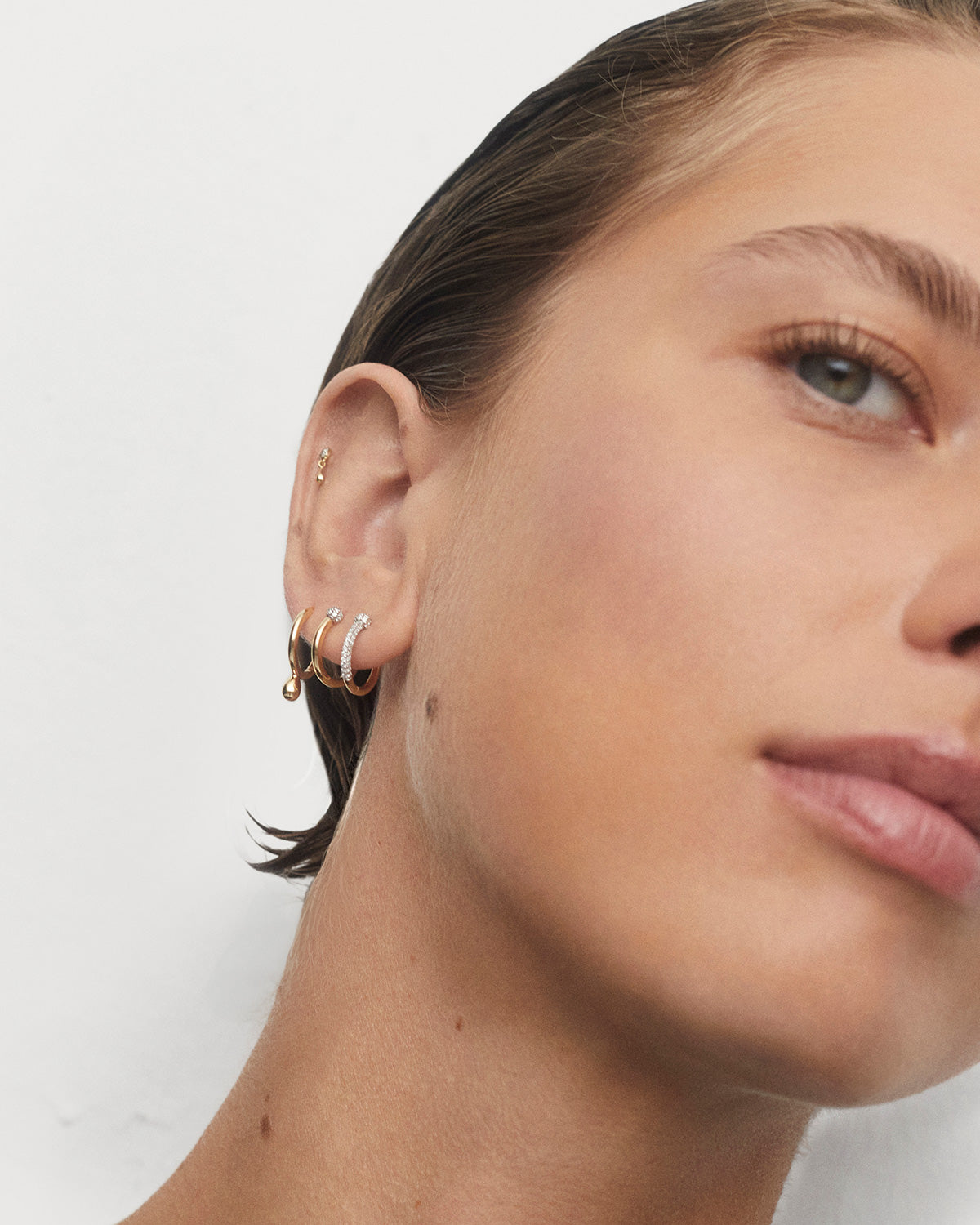 GRID 4 Diamond & Gold Chai Single Hoop Earrings - Elegant Jewelry for Women, Perfect for Parties, Weddings & Special Occasions