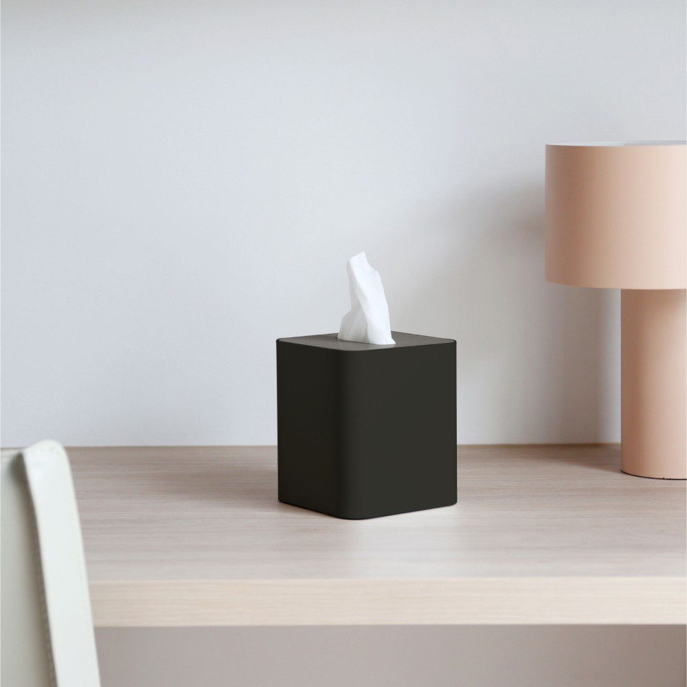 Square Tissue Box with Metal Lid - Black/Brushed Steel | Modern Home & Office Decor | Perfect for Living Room, Bathroom, or Desk Organizer