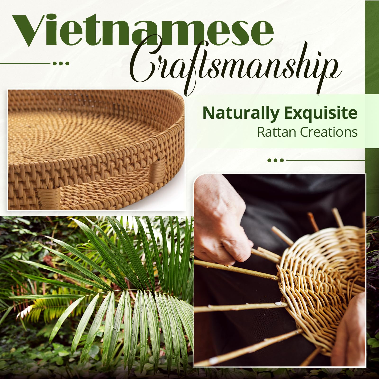 Handwoven 13.8'' Round Rattan Tray - Natural Wicker Coffee Table Tray with Handles - Ottoman Serving Tray for Living Room, Bedroom & Outdoor Use - Eco-Friendly Home Decor Accessory