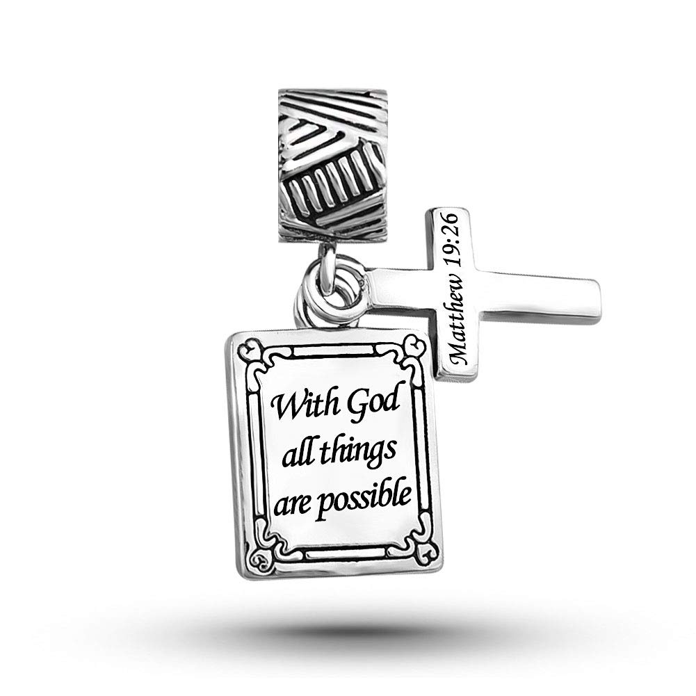 FGT Bible Cross Dangle Charm for Pandora Moments Bracelets - Engraved Scripture Verses (Matthew, Philippians) - Perfect Gift for Women, Girls & Family - Church, Prayer & Daily Wear Jewelry