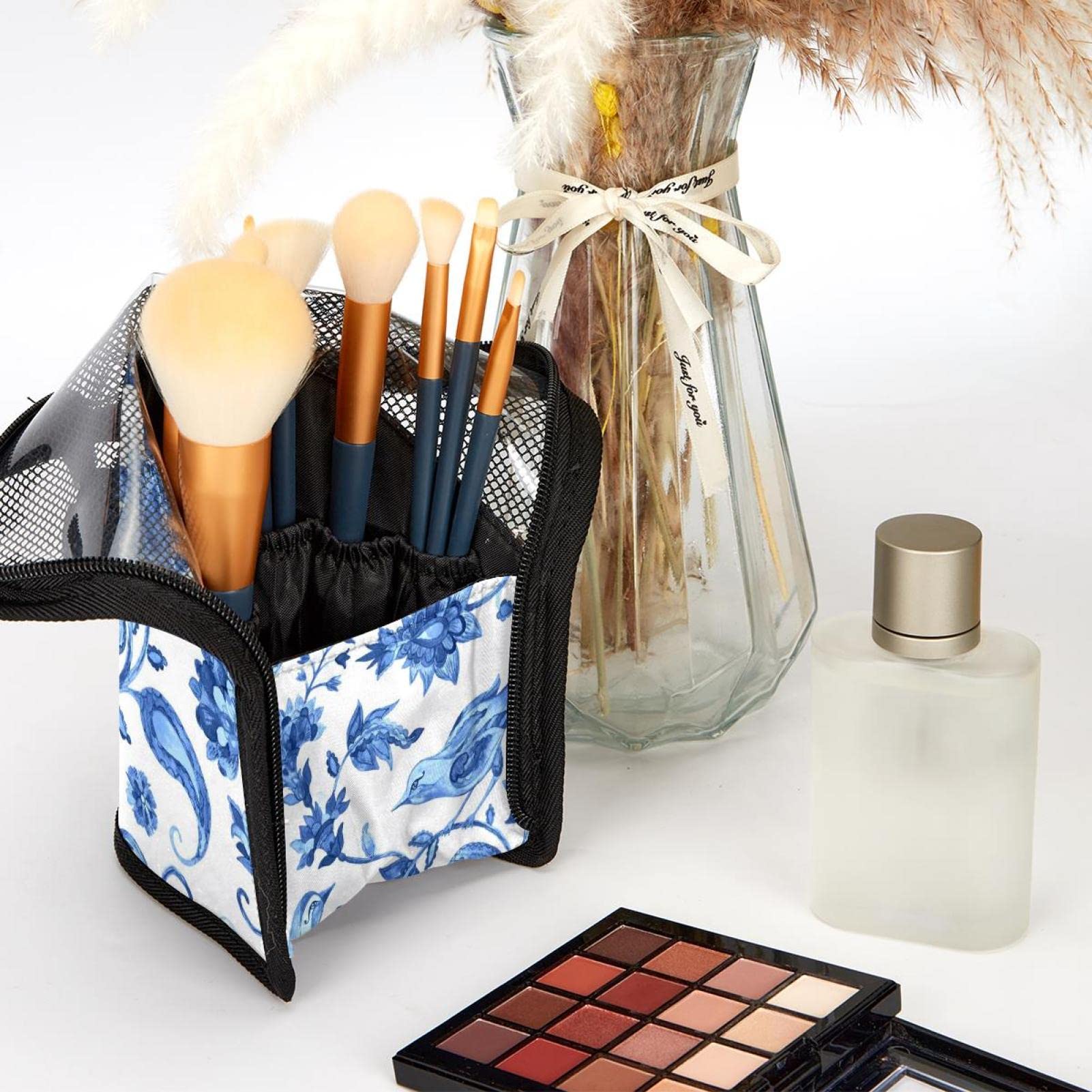 12 Pockets Makeup Brush Organizer Bag with Paisley Floral Design - Portable Travel Cosmetic Brush Holder Case for Professional Makeup Artists & Beauty Lovers - Perfect for Home Storage, Travel & Salon Use