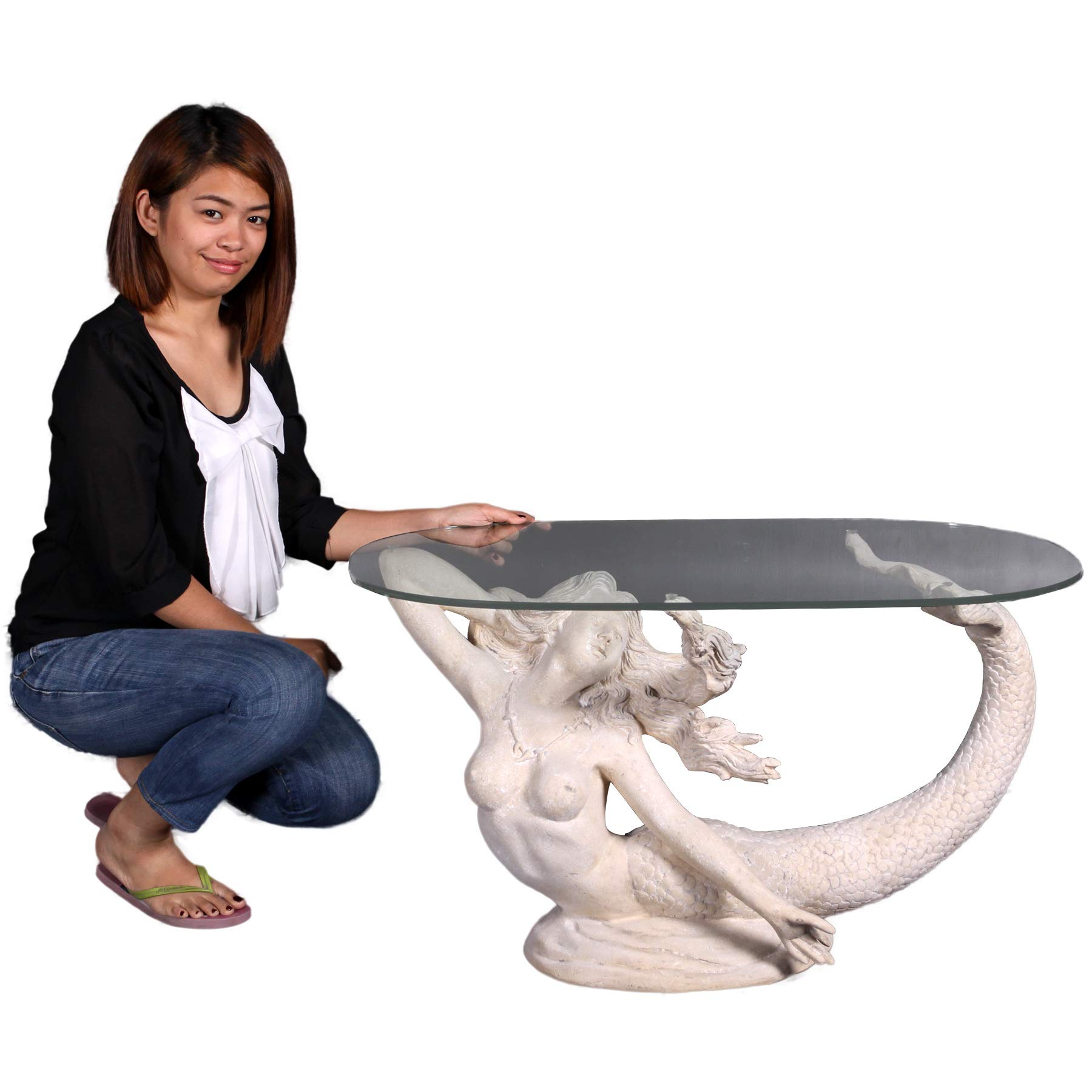 Imported Mermaid Coffee Table with Roman Stone Finish & Glass Top - Perfect for Living Room, Lounge & Home Decor