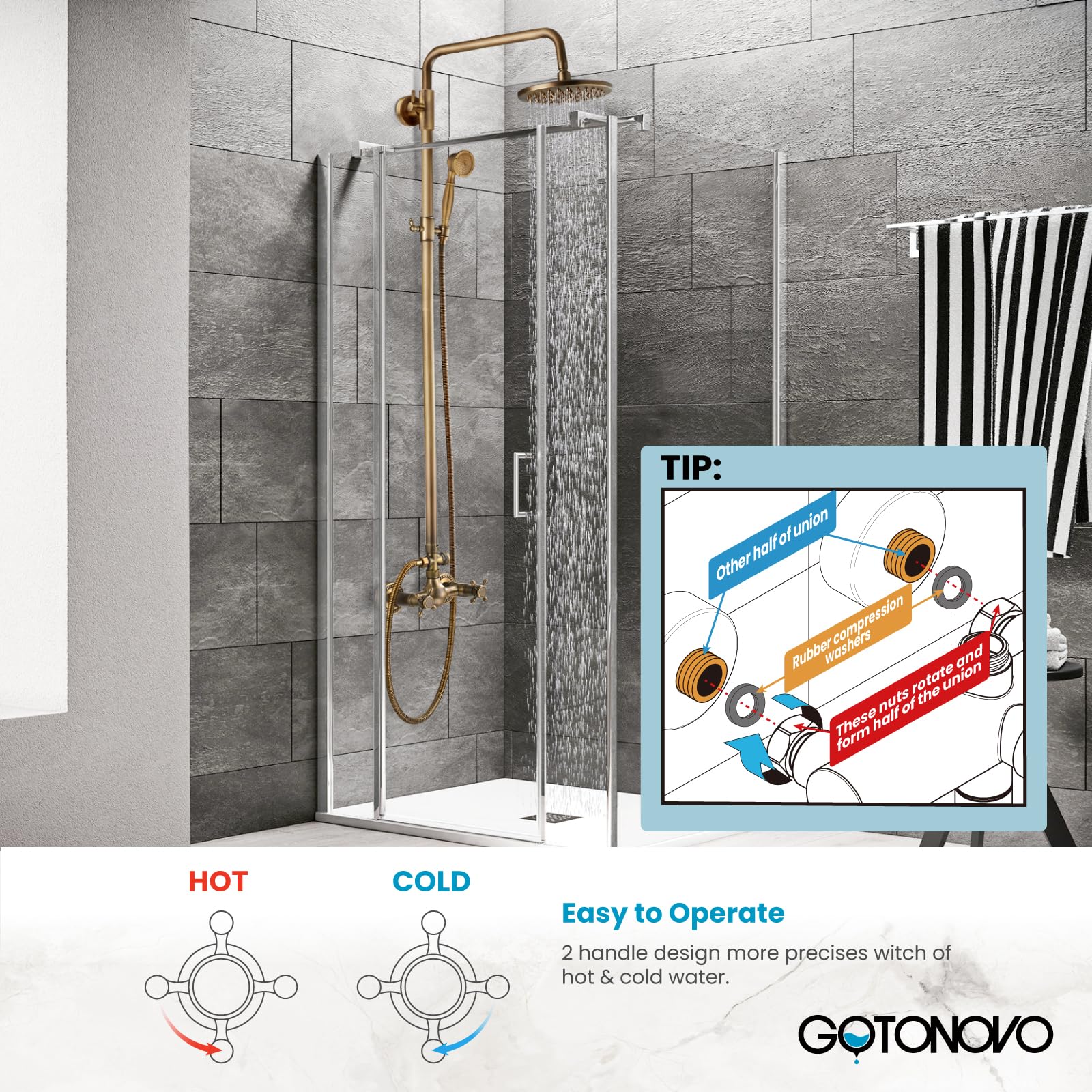 Gotonovo 8 Inch Antique Brass Rainfall Showerhead - Wall Mounted 2 Cross Handle Shower Fixture with G3/4 Extension Tube & Adjustable Shower Arm - Perfect for Vintage Bathroom Renovation & Spa-Like Shower Experience