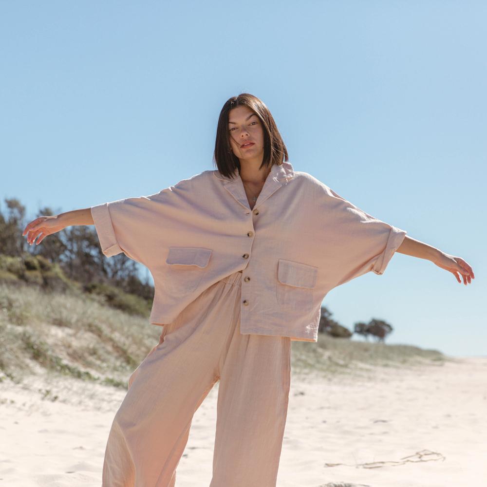 Comfortable Women's Lounge Shirt - Soft Casual Button Down Shirt for Relaxing at Home, Travel & Lounging - Sand Color
