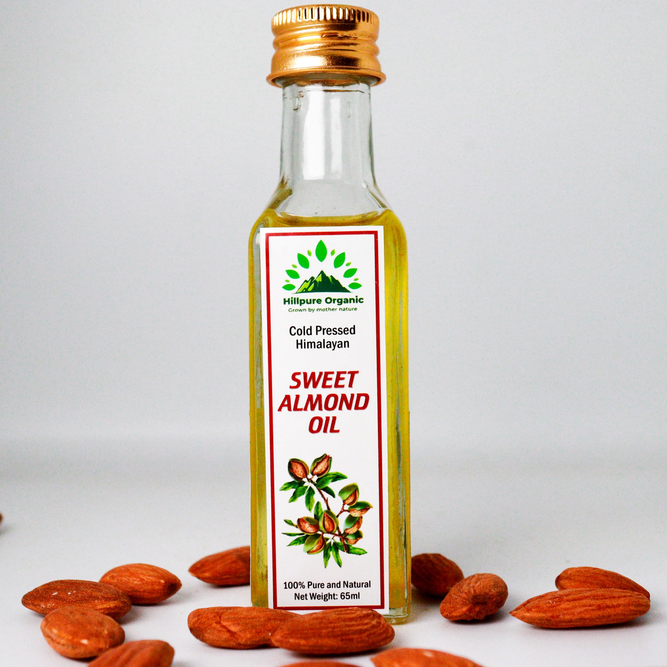 Organic Cold Pressed Himalayan Sweet Almond Oil - 100% Pure Natural Badam Tel for Skin, Hair & Body - Rich in Vitamin E - 65ml Glass Bottle - Perfect for Massage, Cooking & DIY Beauty Recipes