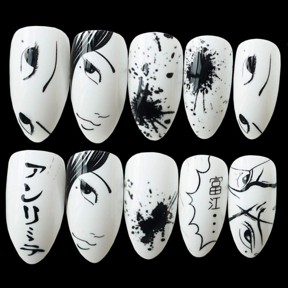 HUIL False Nails - Black & White Pure Color Fashion Caricature Fake Nails | Japanese Punk Style Full Nail Tips | Perfect for Parties, Cosplay & Gothic Fashion