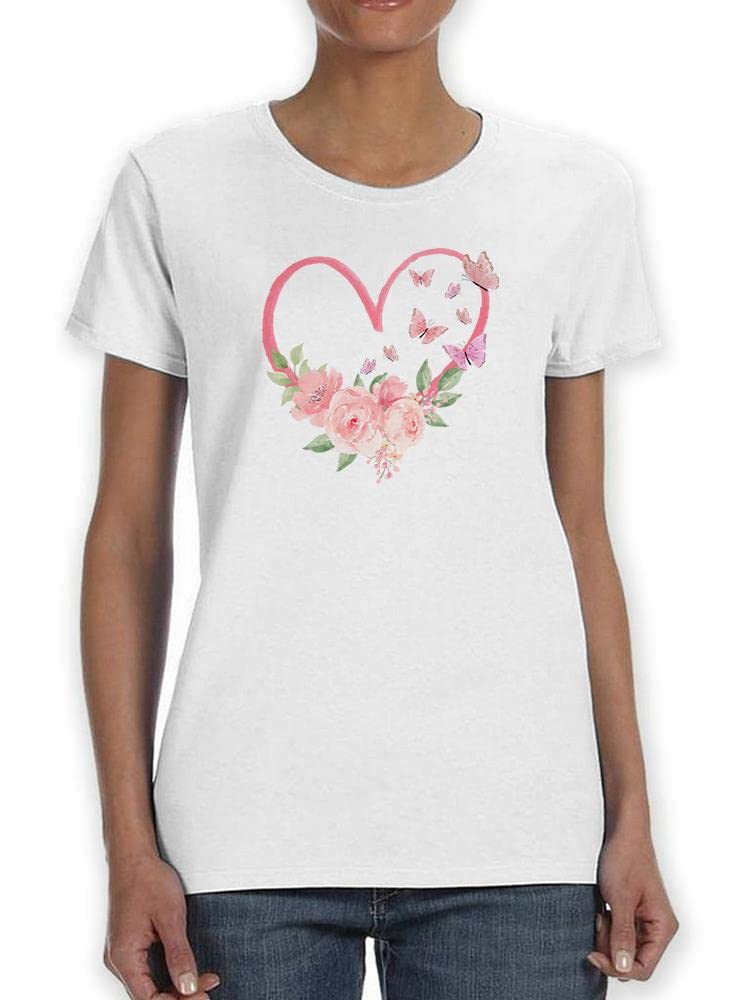 Butterfly Rose Heart Print Women's T-Shirt - Cute Floral Graphic Tee for Casual Wear & Summer Outfits | SmartPrintsInk Designs