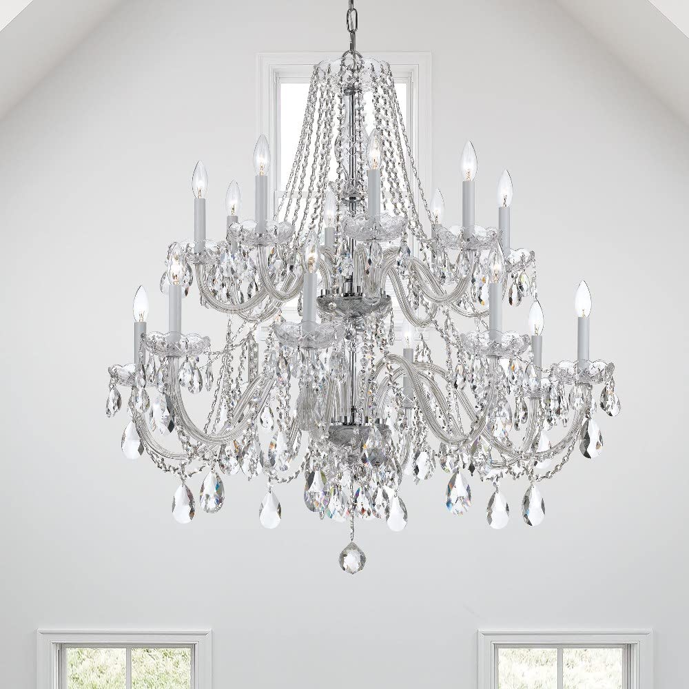 16-Light Crystal Chandelier with Strass Accents - Polished Brass Finish for Dining Room, Living Room & Bedroom Lighting