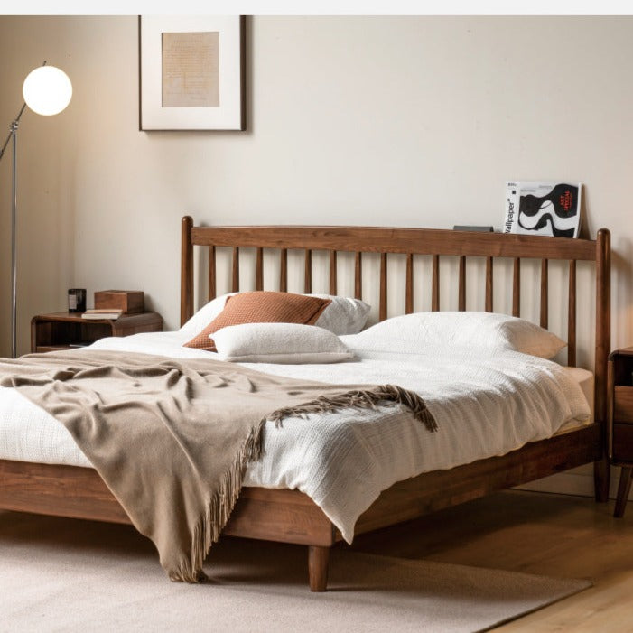 Modern Black Walnut Solid Wood Bed Frame - Queen Size Platform Bed with Headboard - Eco-Friendly Hardwood Bedroom Furniture for Master Bedroom & Guest Room