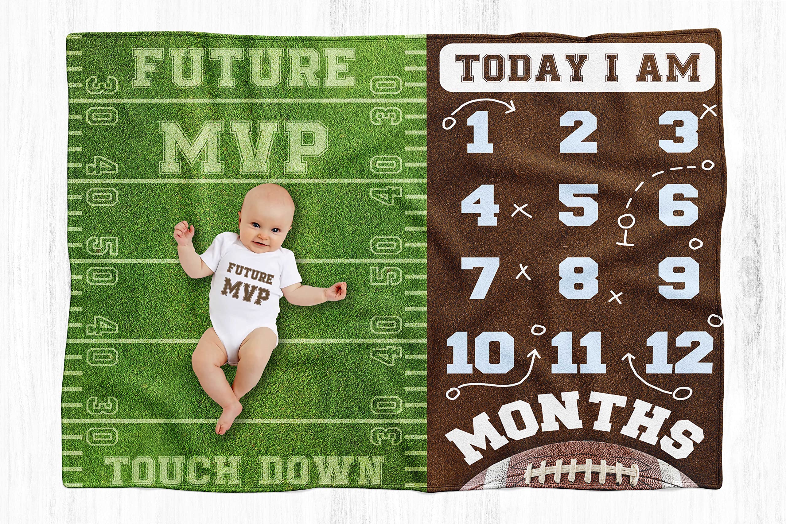 Personalized Baby Milestone Blanket with Custom Name - Football Themed Baby Grow Chart Blanket Set Includes Onesie & Bib - Perfect Newborn Gift for Baby Boy - Ideal for First Birthday, Photo Shoots & Nursery Decor