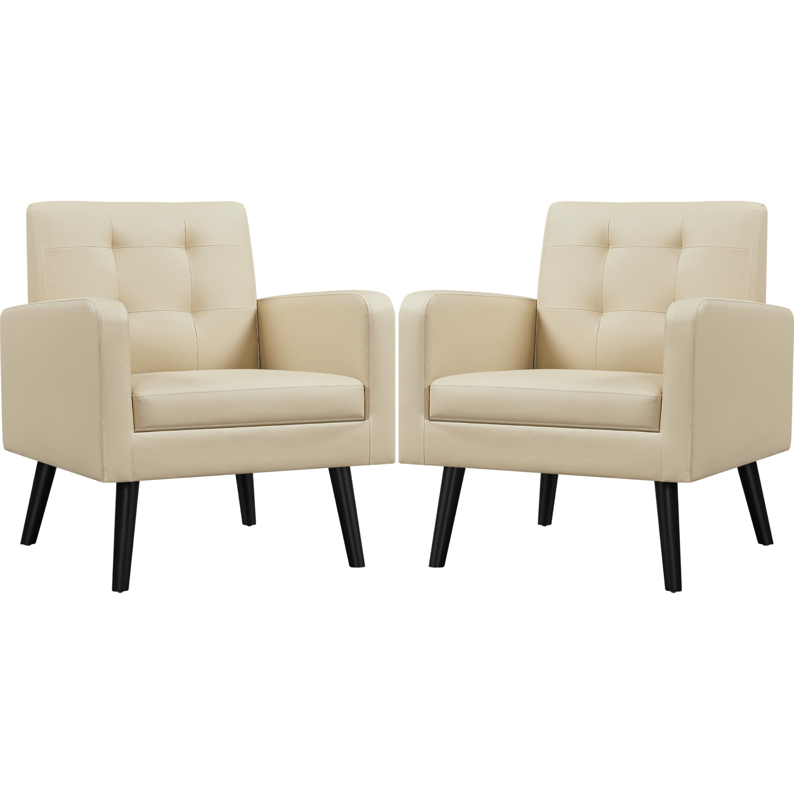 Yaheetech Mid-Century Modern Accent Chairs Set of 2 - PU Leather Upholstered Living Room Armchairs with Button Tufted Back & Wooden Legs, Comfortable Lounge Chairs for Bedroom, Office, Cafe or Reading Nook in Beige