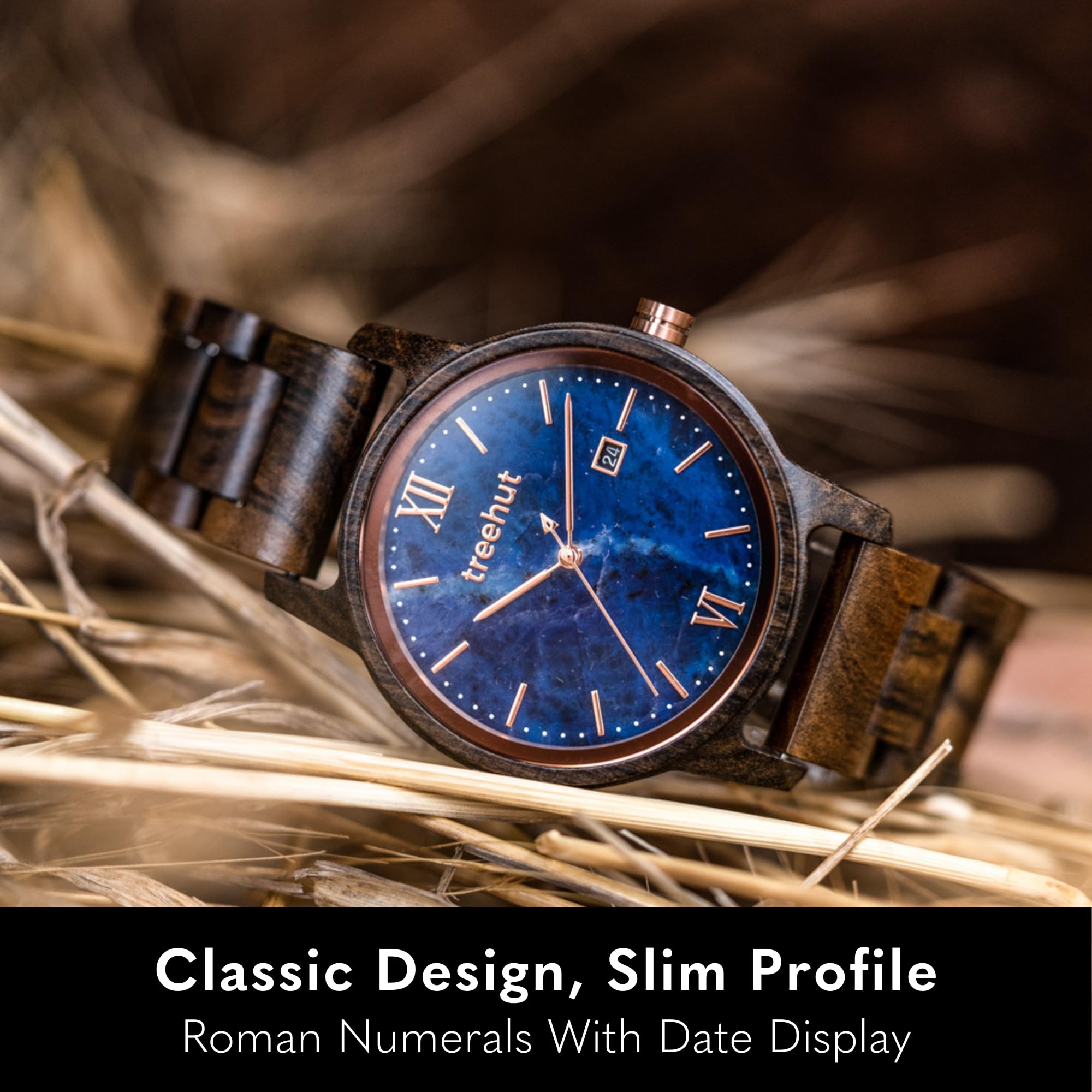 Treehut Men's Wooden Watch with Real Wood Strap & Gift Box - Japanese Quartz Analog Watch with Date Display - Stainless Steel Clasp & Silver Hands - Eco-Friendly Wooden Wristwatch for Men - Perfect for Casual Wear, Outdoor Adventures & Unique Gifts