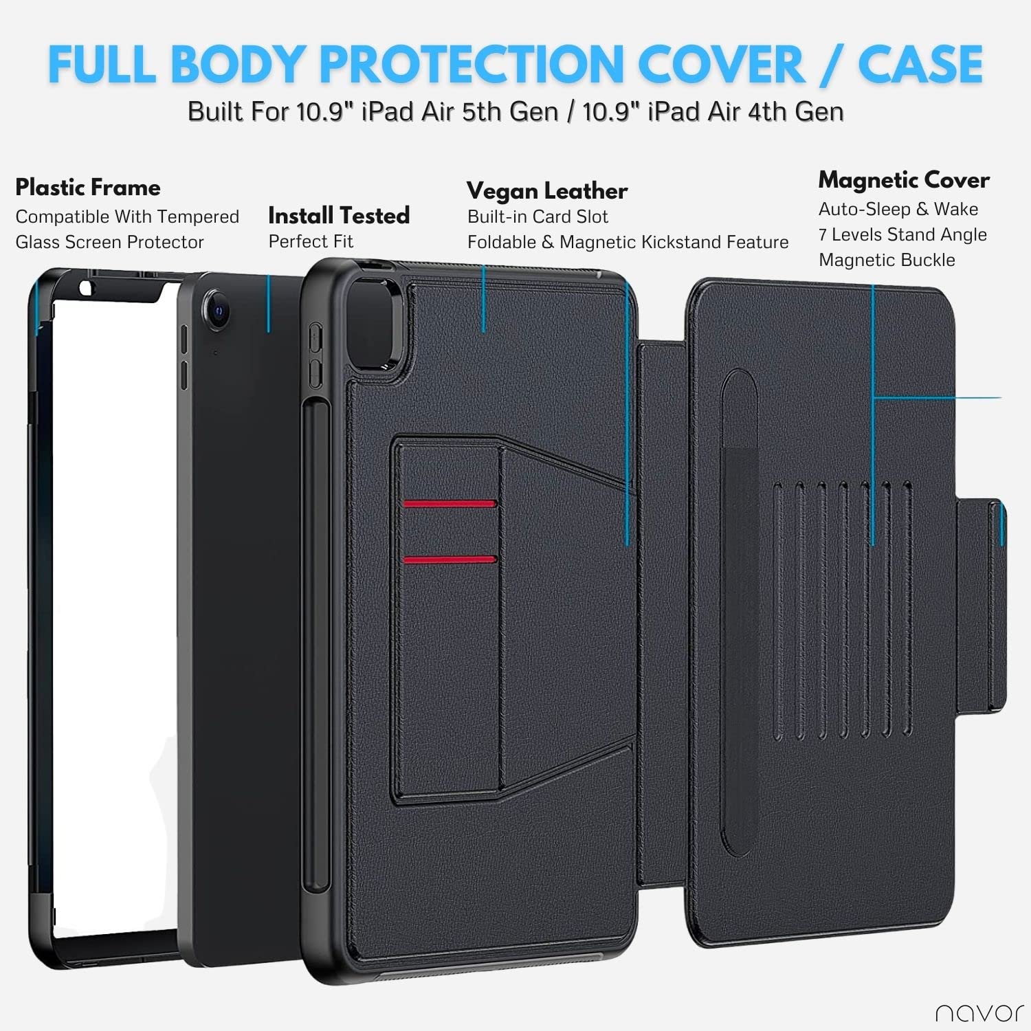 Navor Smart Case for iPad Air 5 (2022) & Air 4 (2020) 10.9 Inch - Also Compatible with iPad Pro 11 (2018/2020/2021) - Shockproof Magnetic Stand Cover with Multiple Viewing Angles - Perfect for Work, Study and Entertainment