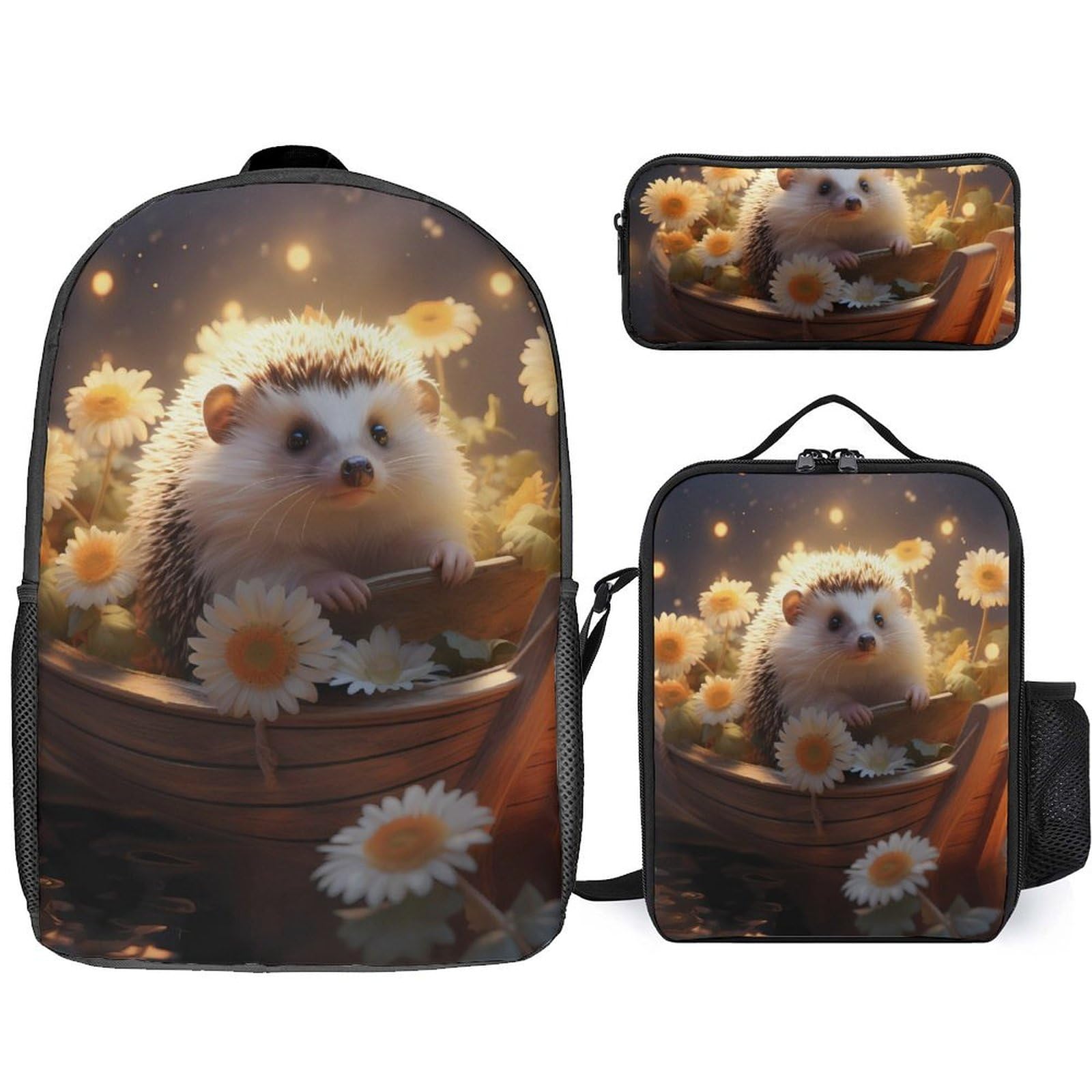 17 Inch Lightweight Laptop Backpack Set for Men & Women - 3PCS with Lunch Box & Pencil Case | Perfect for Work, School & Travel | Hedgehog Boat Backpack