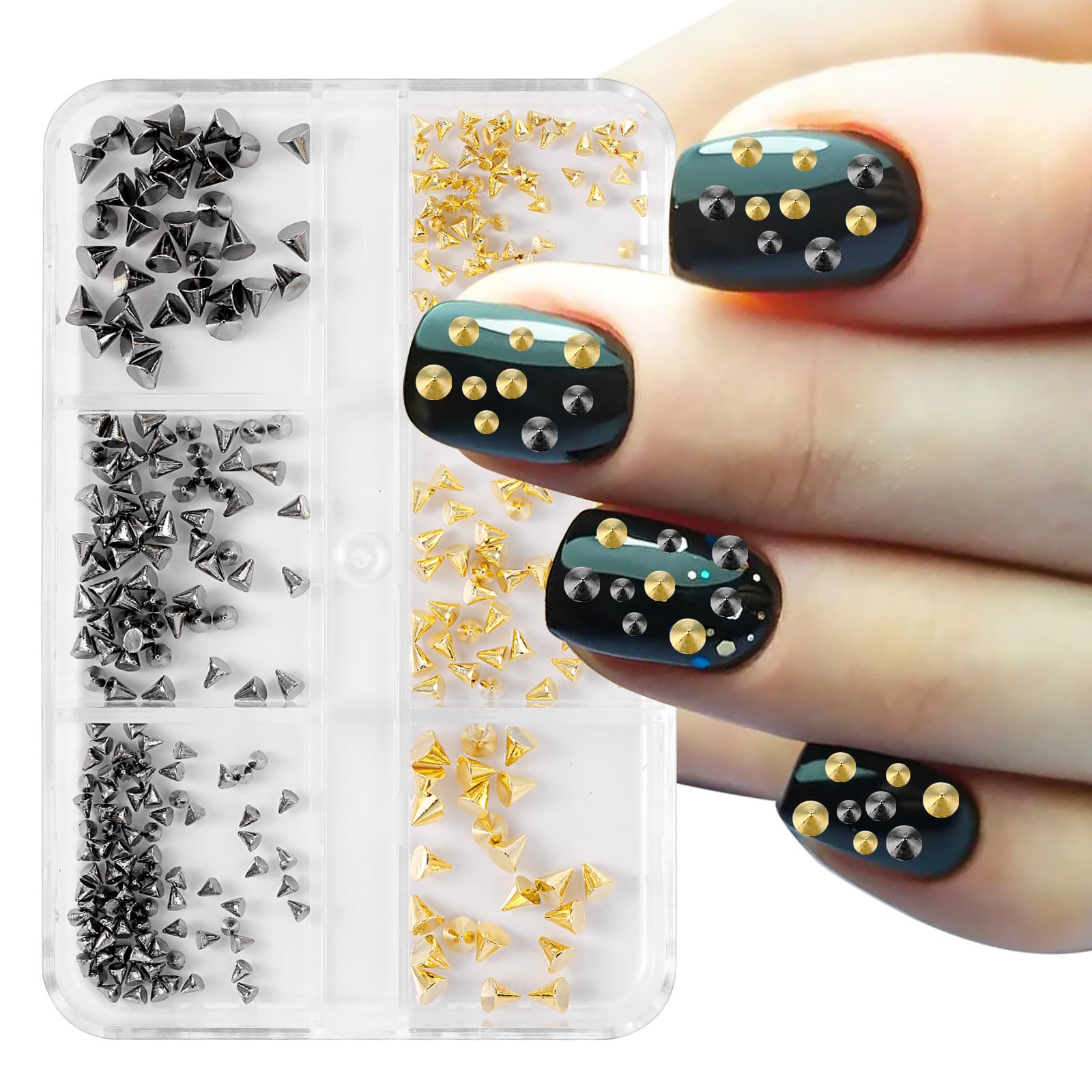6 Grid/Box Mini Metal Studs for Acrylic Nails - Punk Style Gold & Black Nail Art Studs for DIY Manicure | Perfect for Nail Art Decoration, Salon Use & DIY Nail Crafts