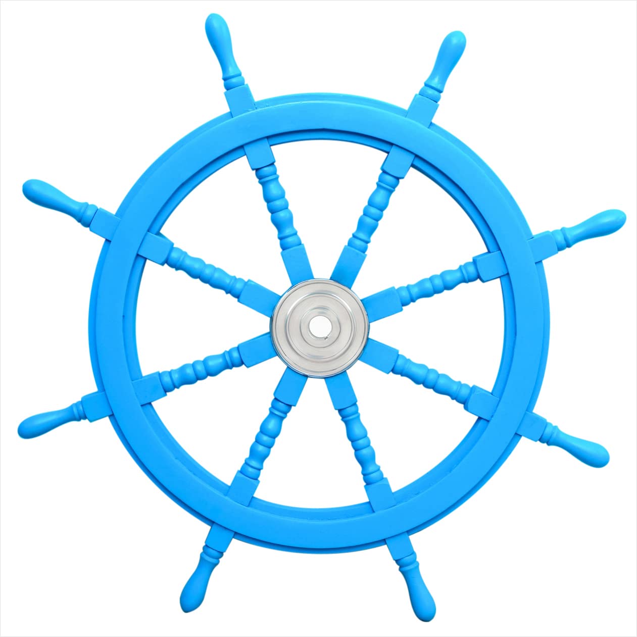 Handcrafted Nautical Pirate Ship Wheel Helm Rudder Wall Decor - 42 Inch Light Blue Aluminum Central Hub, Vintage Wall Hanging Ornament for Home, Bar, Restaurant & Boat Themed Decorations