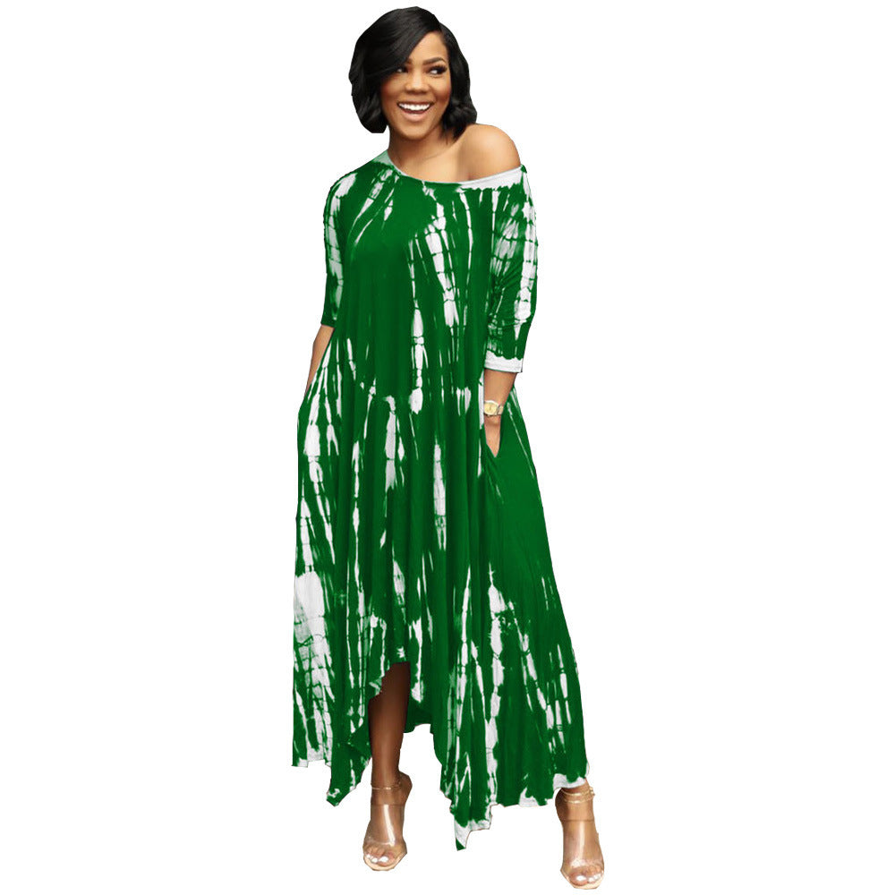 Long Slit Skirt Wide Neck Tie Dye Dress - Boho Chic Summer Maxi Dress for Beach Vacation & Music Festivals
