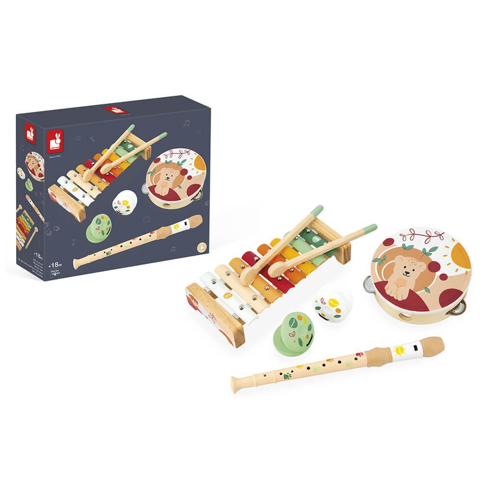Janod Musical Set of 5 Wooden Instruments for Kids - Sunshine Themed Percussion Toys for Early Childhood Development - Perfect for Preschool Music Education & Sensory Play