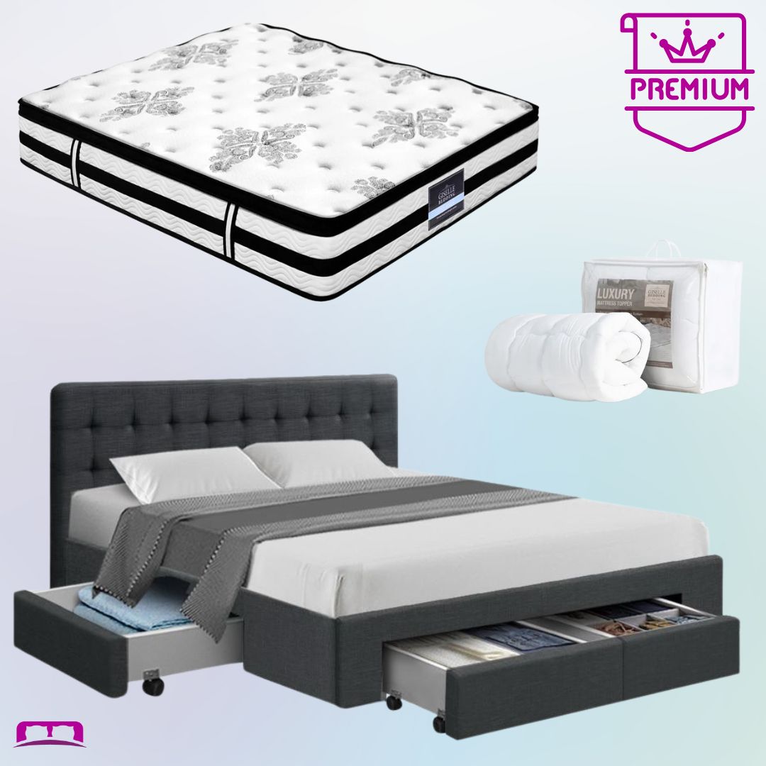 Premium Double Bed Bundle: Trinity Charcoal Bed Frame with Algarve Euro Top Medium Firm Mattress & Pillowtop Topper - Perfect for Guest Rooms, Master Bedrooms & Luxury Home Decor