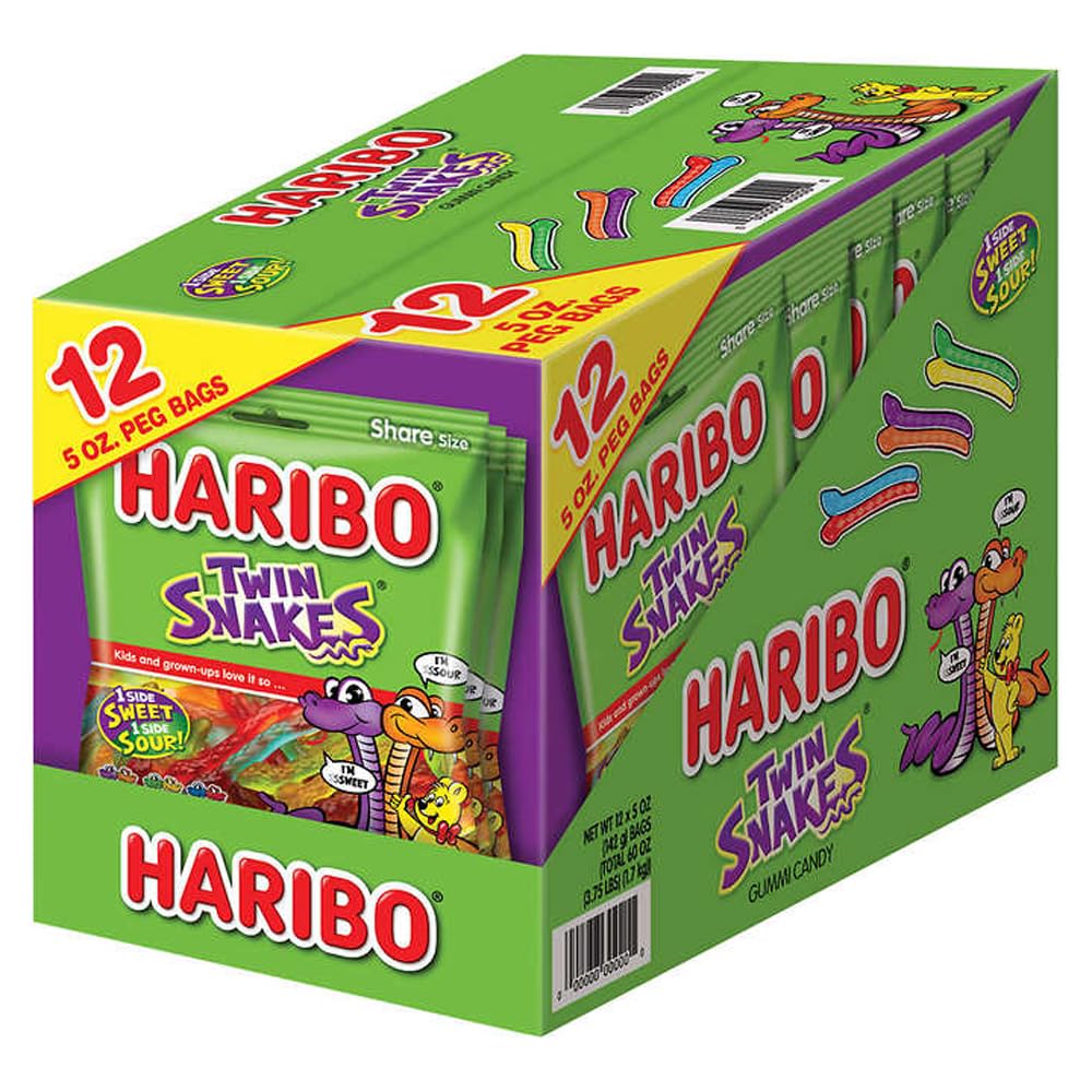 Haribo Twin Snakes Gummy Candy 5 oz Bags - Sour & Sweet Fruity Flavors - Perfect for Halloween Treats, Party Favors & Movie Night Snacks