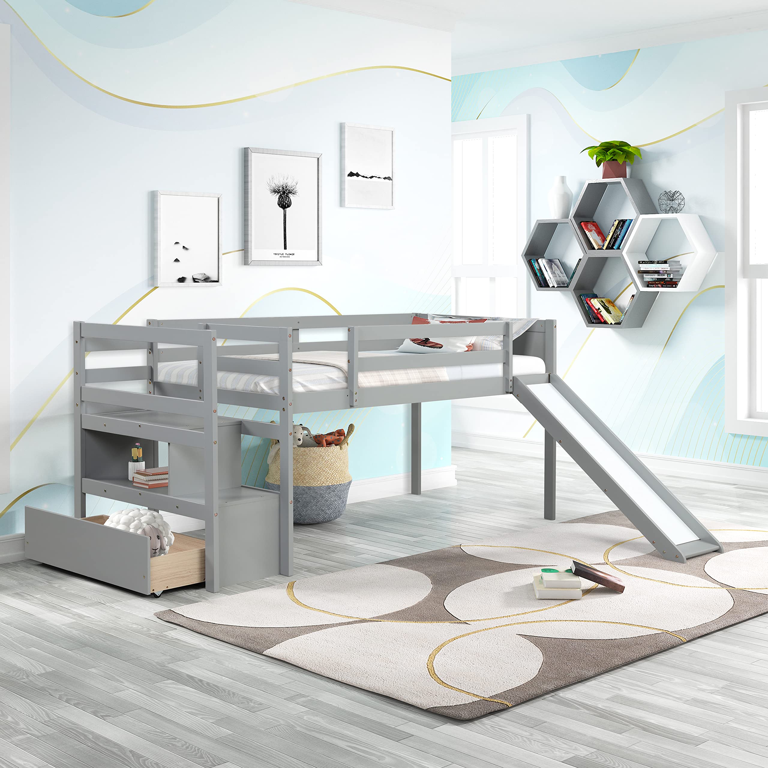 Twin Loft Bed with Slide, Wooden Storage Staircase & Drawers - Space-Saving Kids & Teens Bedroom Furniture - Perfect for Small Rooms, Dormitories & Shared Spaces - No Box Spring Required