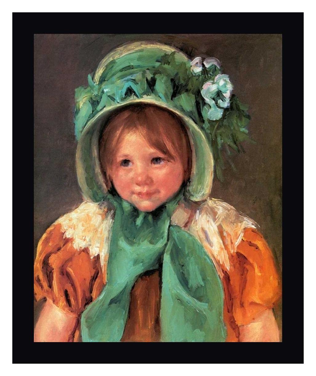 Mary Cassatt 'Sara In A Green Bonnet 1901' Framed Canvas Art Print - 24x30 Inches - Black Wood Frame - Ready to Hang Wall Decor - Perfect for Living Room, Bedroom & Office