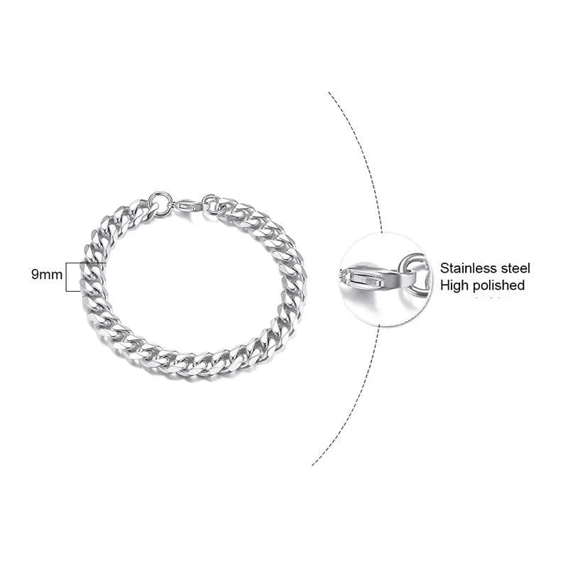 Men's 9mm Cuban Link Silver Chain Bracelet - Heavy Duty Stainless Steel Jewelry for Men - Perfect for Hip Hop Fashion, Gifts & Everyday Wear