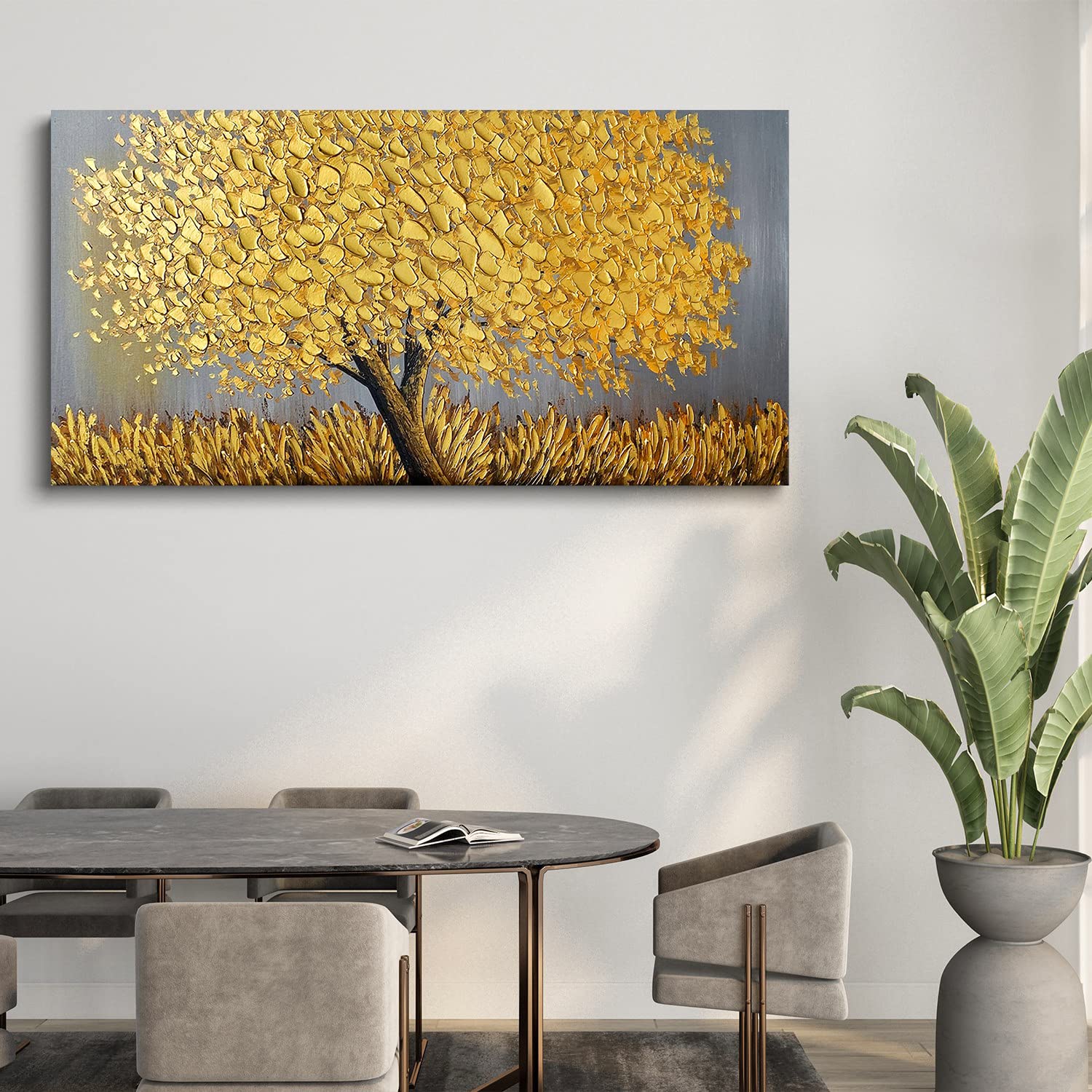 Faicai Art Thick Texture Gold Tree Oil Painting - 3D Palette Knife Canvas Artwork Wall Decor (24x48 Inches) Stretched & Ready to Hang - Perfect for Living Room, Bedroom, Office & Modern Interior Design