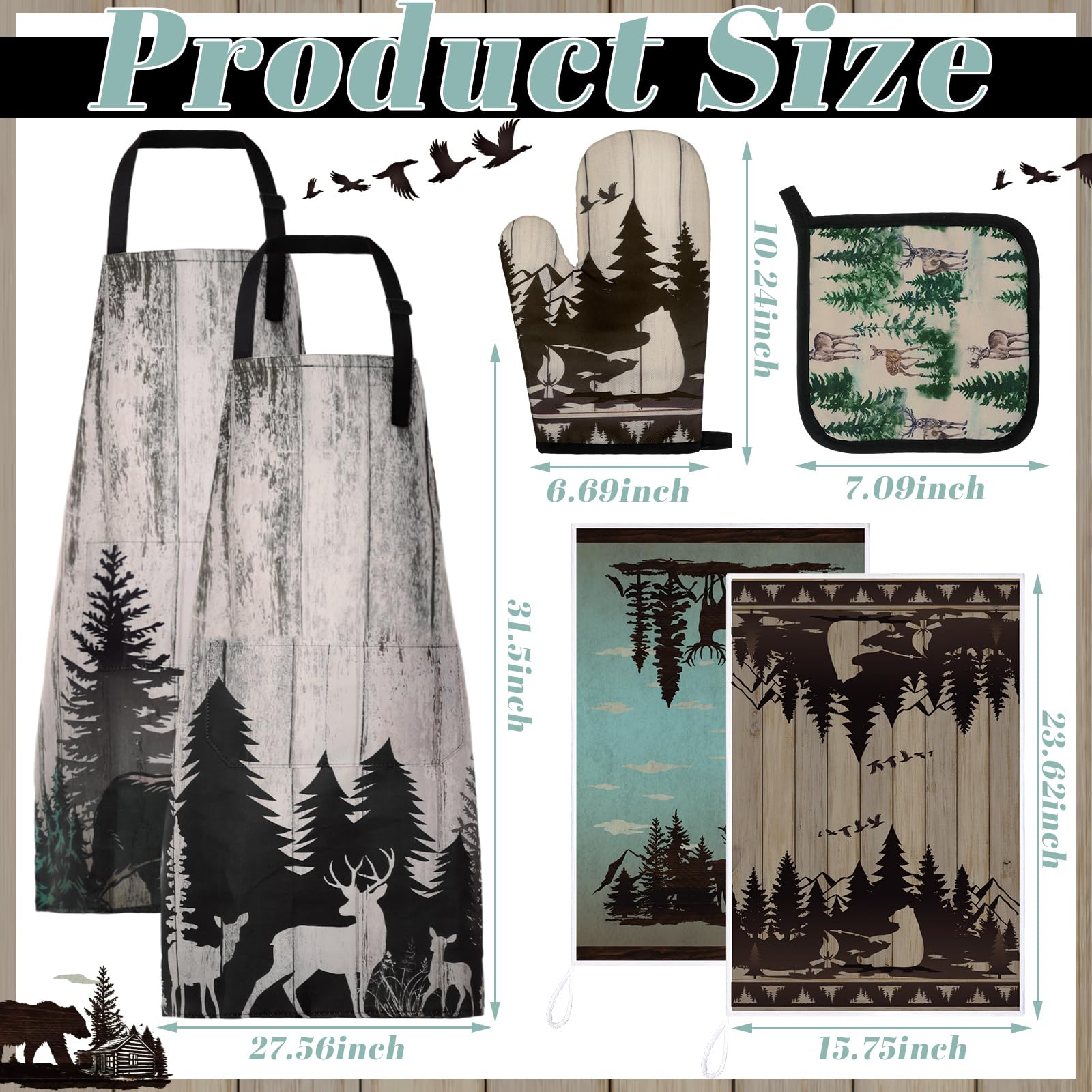 Geetery 10-Piece Christmas Kitchen Set - Cotton Oven Mitts, Pot Holders, Apron & Towels with Holiday Tree Design - Gray Green Jungle Print - Perfect for Holiday Cooking, Baking & Kitchen Decor