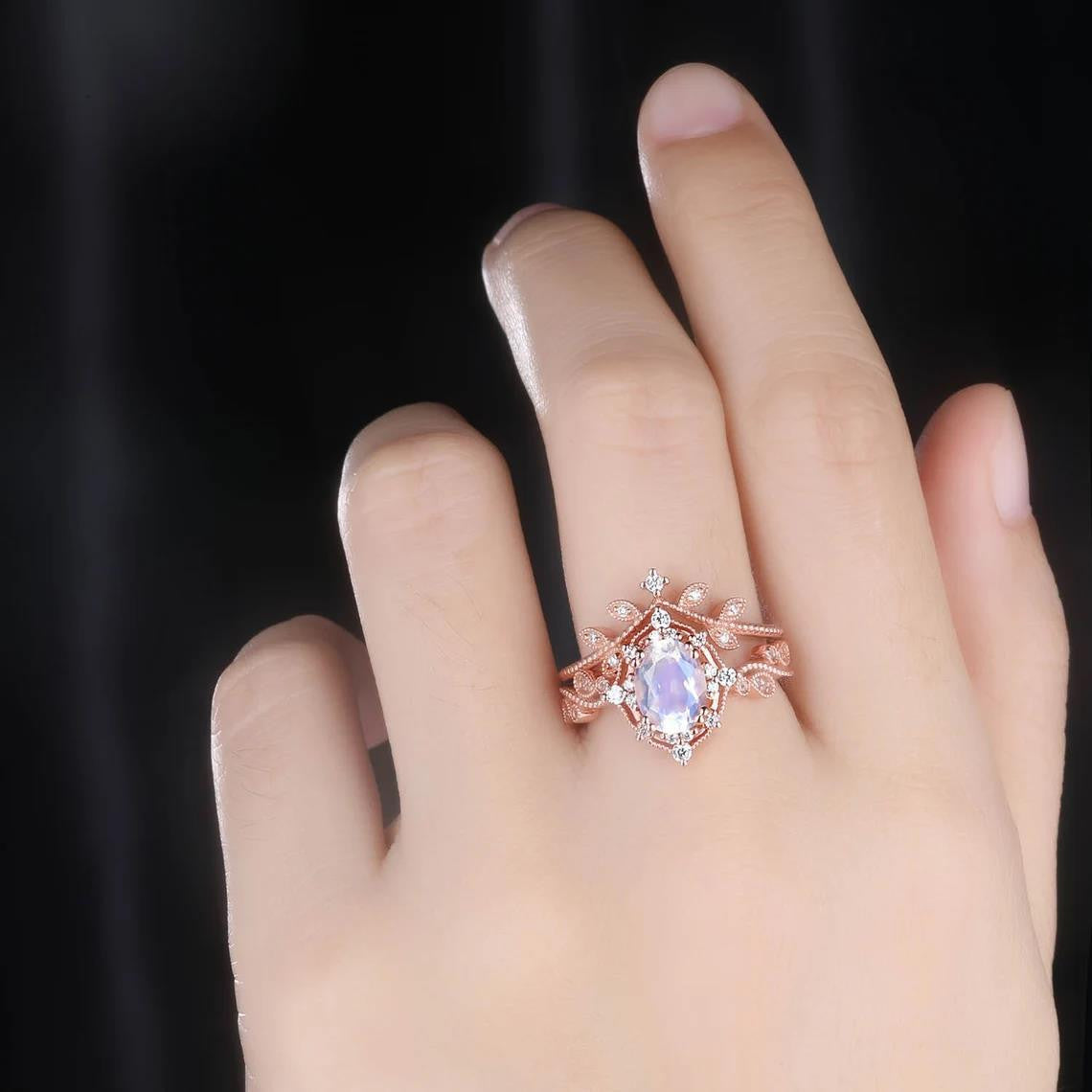 Rose Gold Oval Moonstone Engagement Ring Set with Diamond Eternity Band - Stackable Crown Ring for June Birthstone - Perfect for Weddings, Anniversaries & Special Occasions