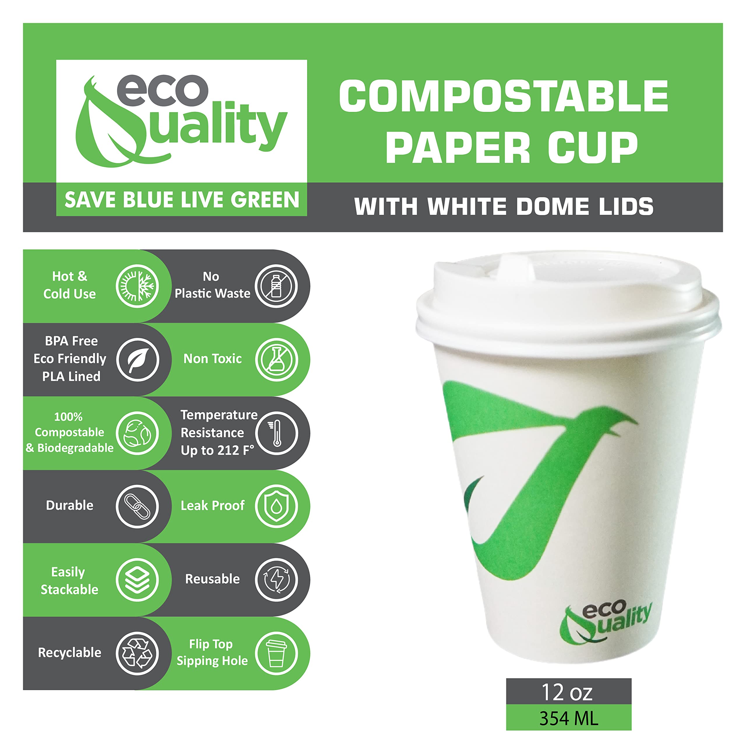 12 oz Biodegradable Compostable Paper Coffee Cups with White Dome Lids - PLA Lined Eco-Friendly Disposable Hot & Cold Drink Cups (500 Pack) - Perfect for Coffee Shops, Offices, and Eco-Conscious Events