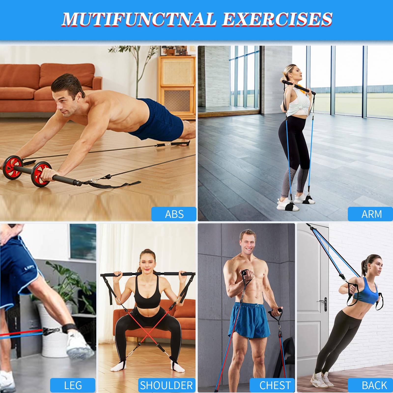Pilates Bar Kit with 6 Resistance Bands - Yoga Exercise Bar & Ab Roller - Portable Home Gym Equipment for Women & Men - Leg, Hip, Waist & Arm Workout - Perfect for Home Fitness, Yoga & Pilates Training