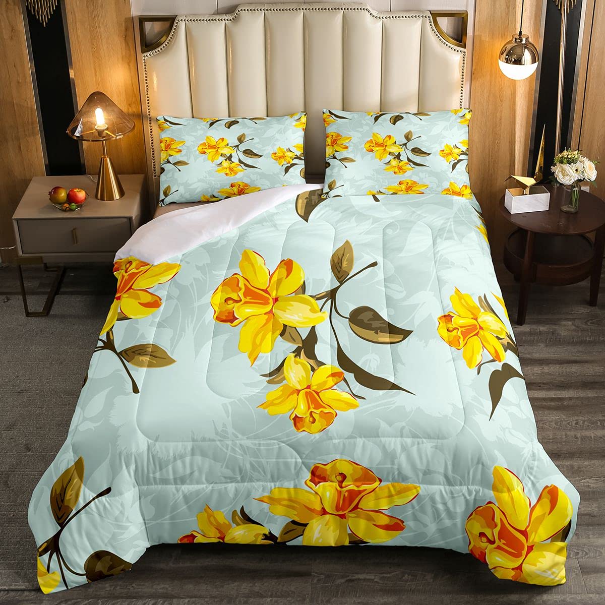 **Yellow Floral Comforter Set - Blossom Flowers Duvet Cover 3Pcs Full, Botanical Branch Bedding for Girls, Women & Teens - Retro Bedroom Decor for Cozy & Stylish Sleep**    *(Perfect for Spring Refresh, Boho Bedroom Makeover, or Gift for Her!)*