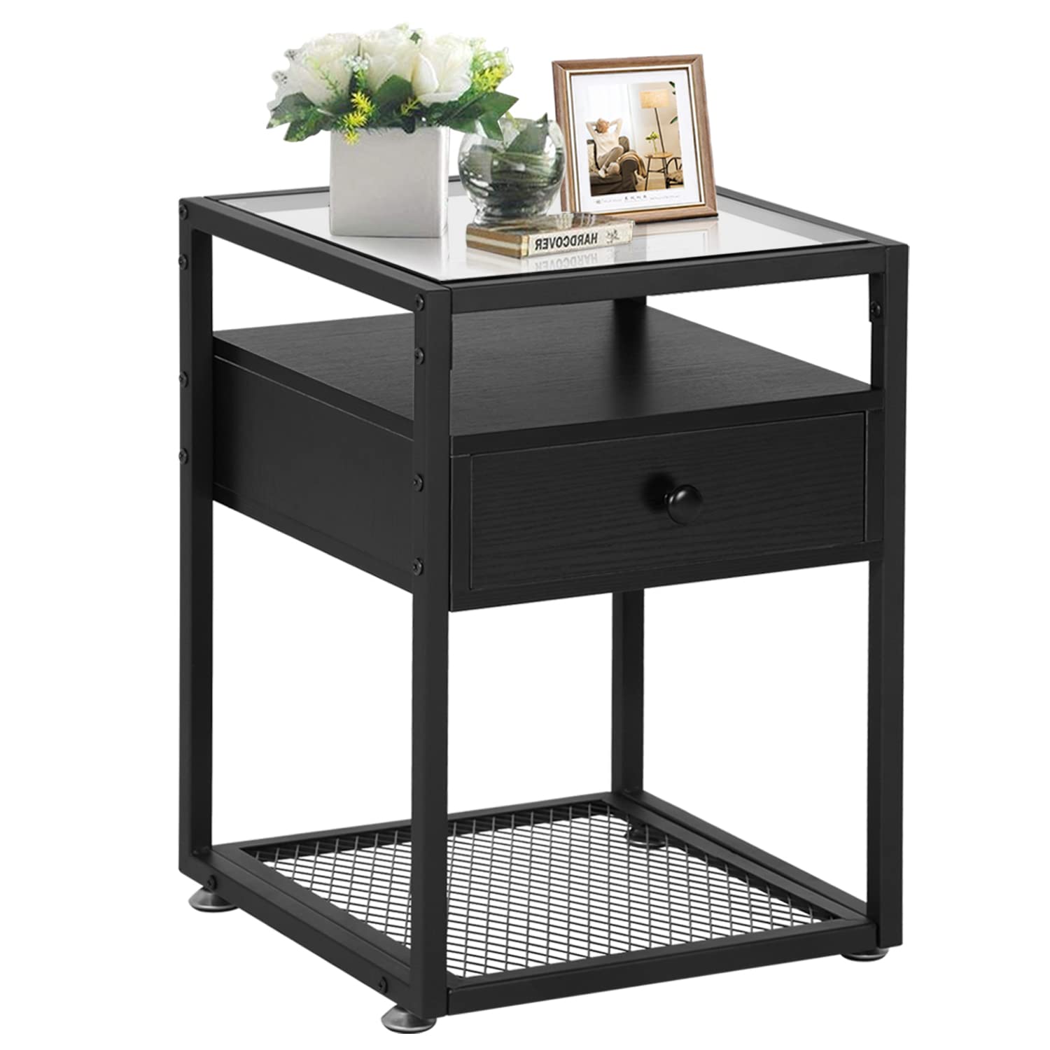 Modern Nightstand with Glass Top - 66 lb Capacity, Space-Saving Drawer - Sturdy Bedside Table for Bedroom, Living Room & Lounge - Black (1 Set) - Perfect for Small Spaces & Apartment Living