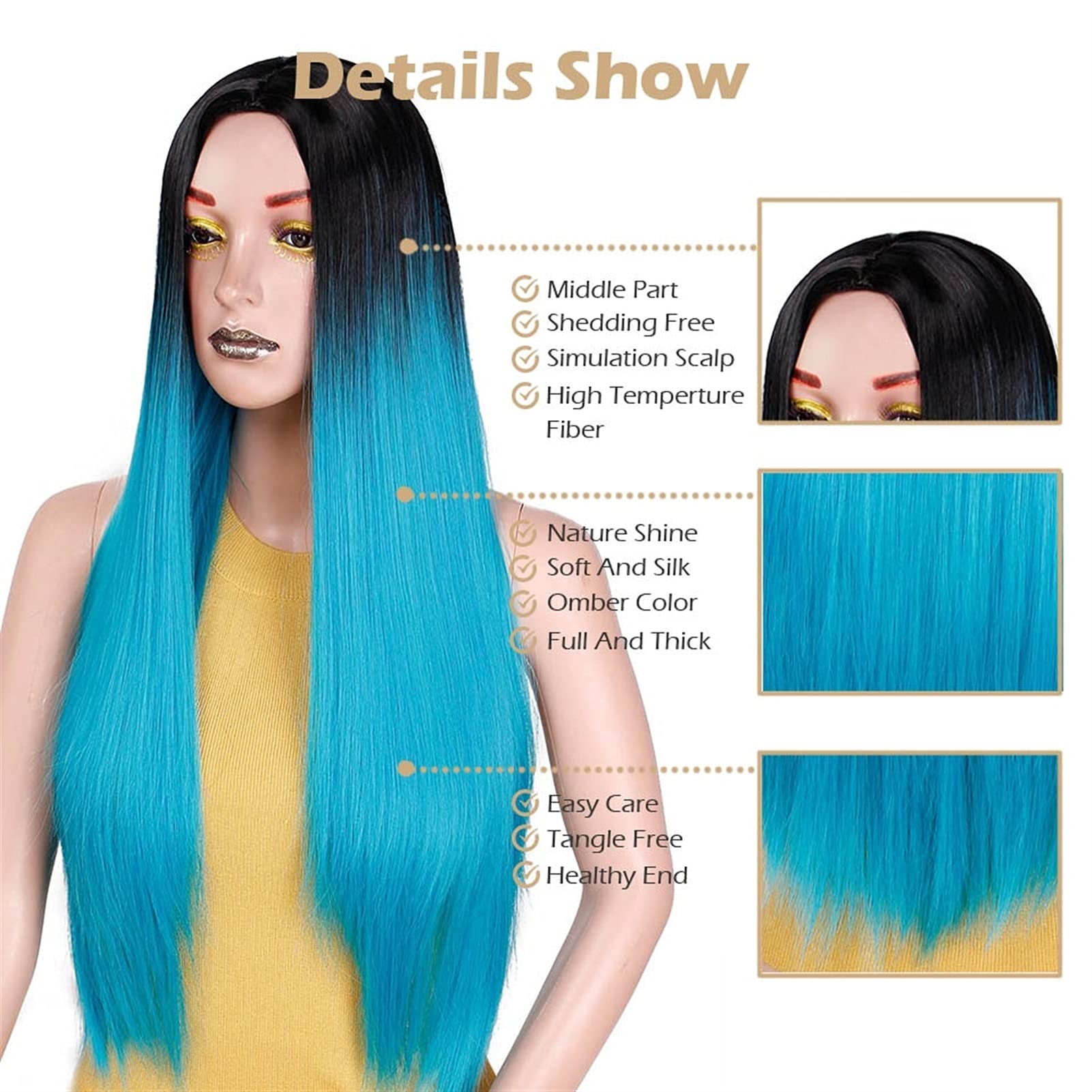24 Inch Straight Long Synthetic Human Hair Wigs for Women - Heat Resistant Cosplay Wigs in Black & Pink | Freetress Wigs for Daily Wear, Parties & Costume Events (Color: E)