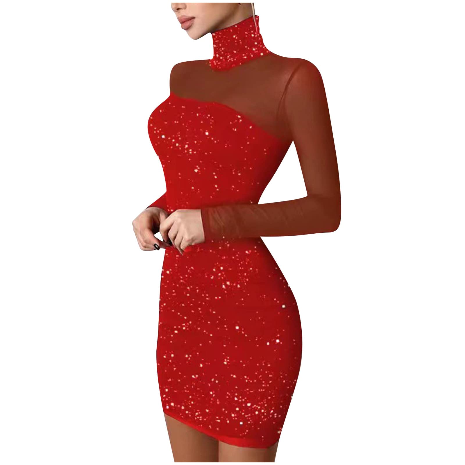 Sexy Lace Turtleneck Long Sleeve Bodycon Mini Dress for Women - Patchwork Sequins Cocktail Party Dress, Perfect for Night Out, Date Night & Special Occasions