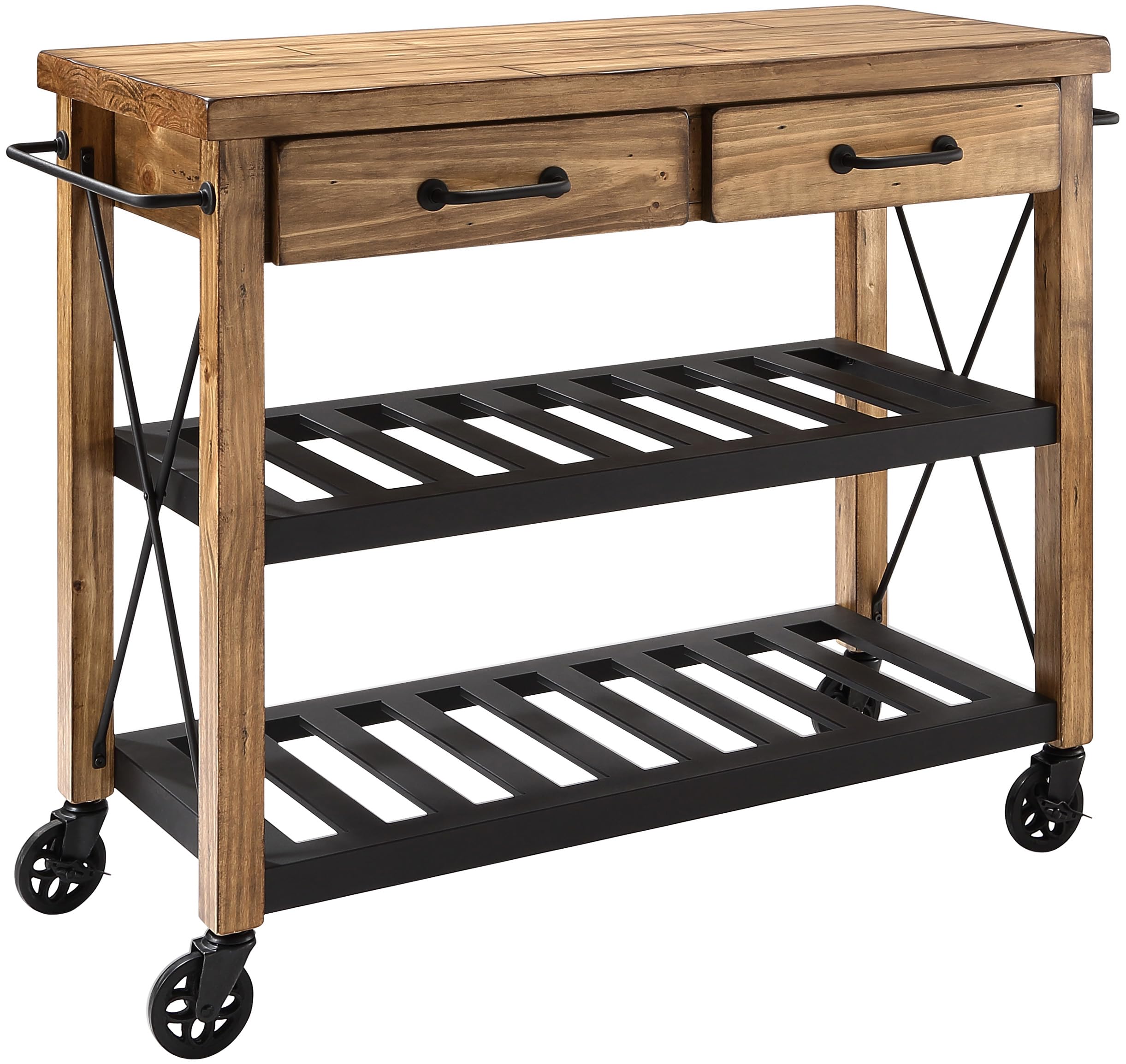 Crosley Furniture Roots Rolling Cart & Kitchen Island - Microwave Stand with Storage Shelves & Drawers, Natural Wood - Perfect for Small Kitchen, Pantry Organization & Mobile Serving Station