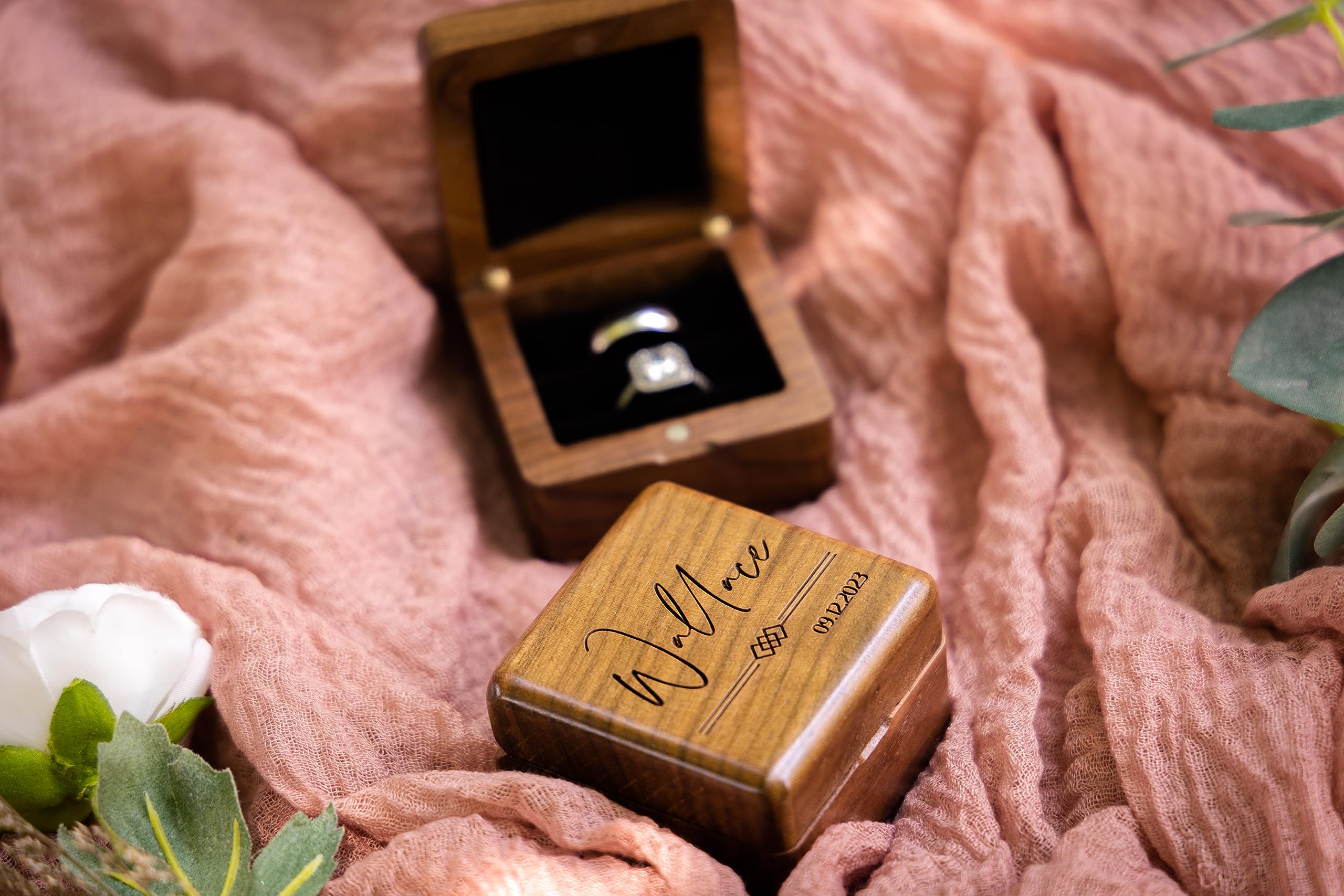 Engraved Square Ring Box - Walnut Wood Proposal, Engagement & Wedding Ring Holder - Personalized Ring Bearer Gift Box (Design 1) - Perfect for Marriage Proposals, Anniversary Gifts & Jewelry Storage