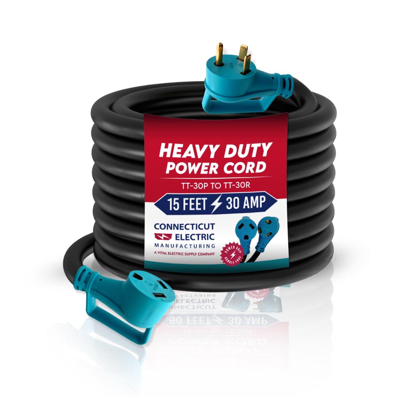 30-Amp RV/EV Extension Cord 15-Foot with TT-30P to TT-30R Connectors - Heavy Duty Power Cord for Campers, Travel Trailers & Electric Vehicles | Outdoor & RV Park Use