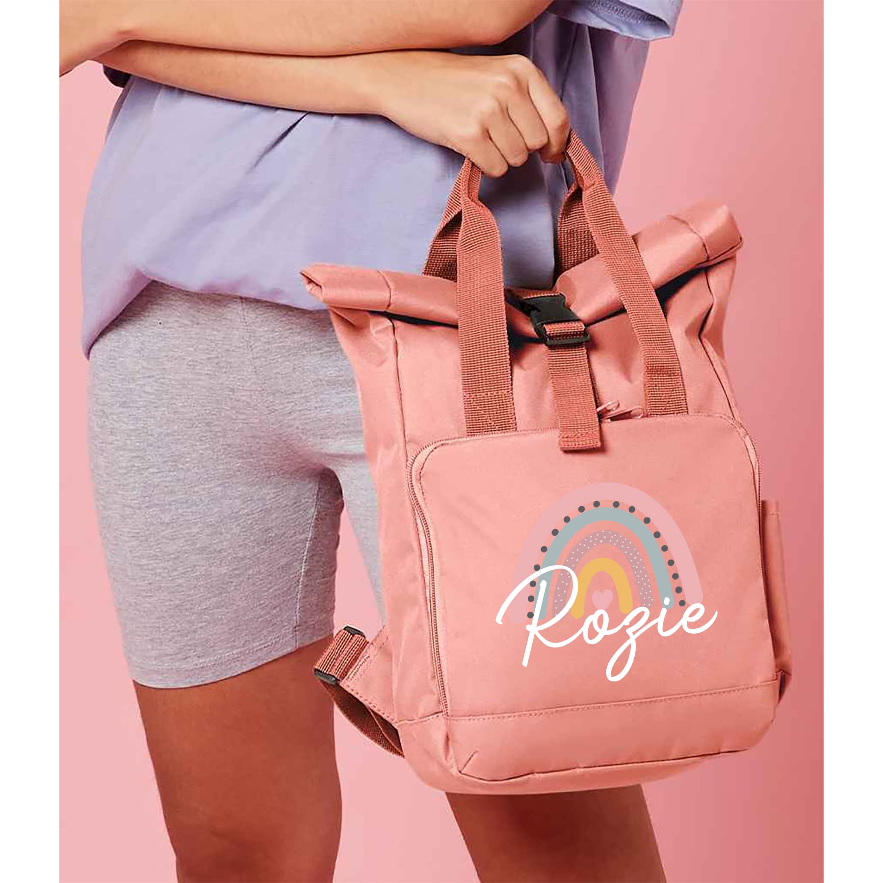 Personalized Rainbow Mini Roll Top Backpack for Girls - Toddler Preschool School Rucksack, Blush Pink Nursery Bag - Perfect for School, Travel & Daily Use as a Cute Little Girl Gift (One Size)