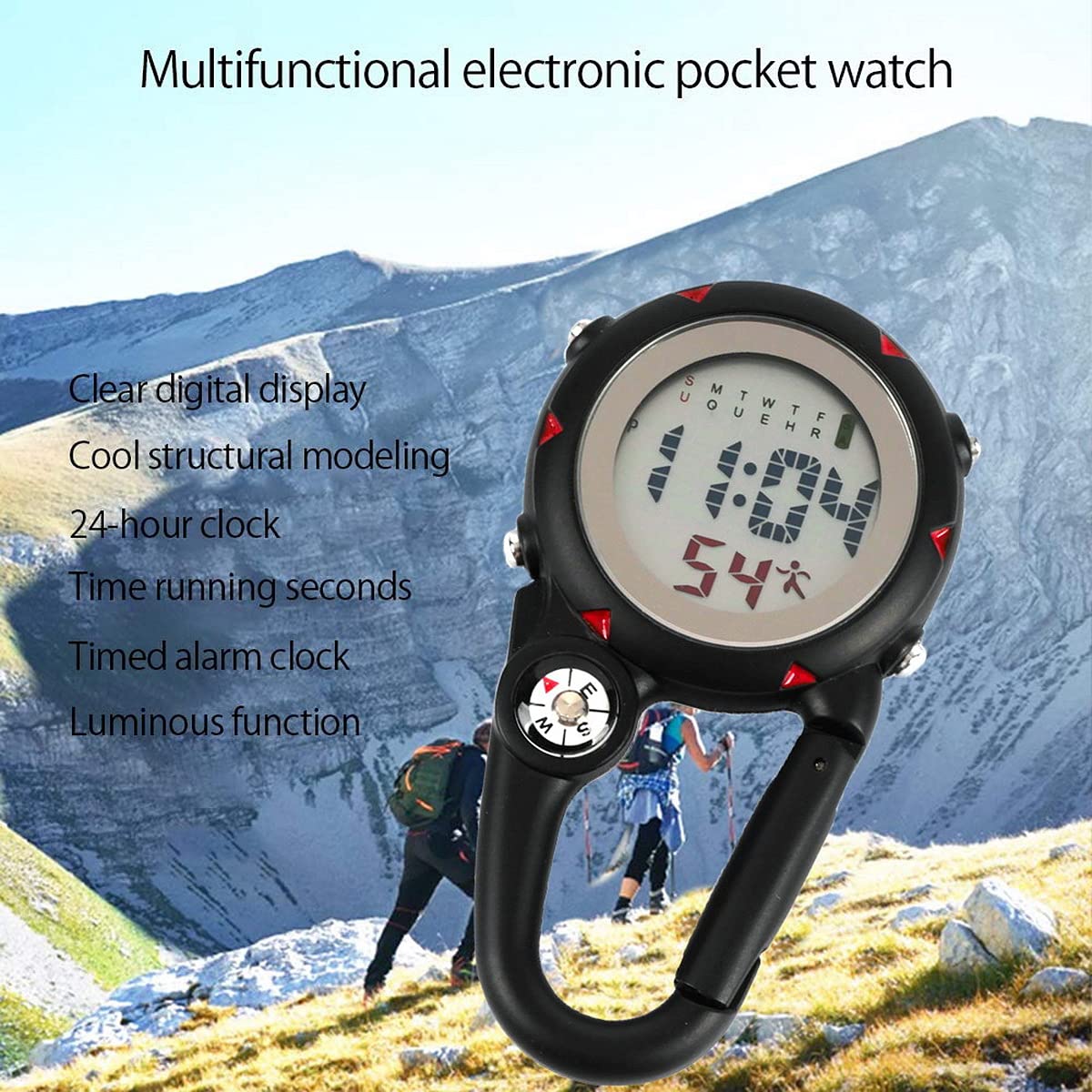 Multifunctional Clip-On Carabiner Watch with Luminous Display & Compass - Mini Quartz Outdoor Watch for Hiking, Climbing, Camping & Survival Gear