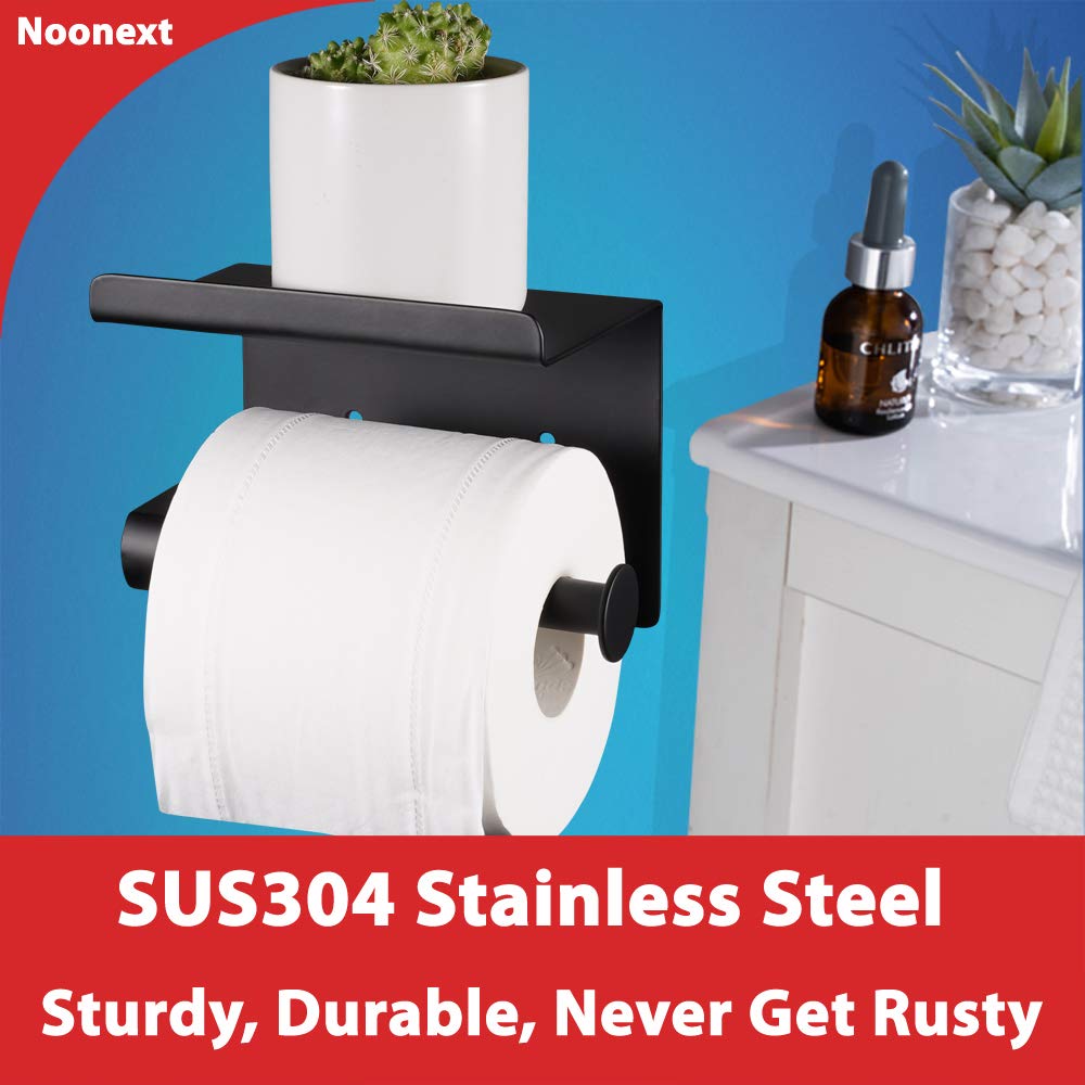 Stainless Steel Toilet Paper Holder with Shelf - No Drill Adhesive Mount - Black Matte SUS304 Bathroom Tissue Dispenser for Mega Rolls | Perfect for Small Bathrooms, RVs & Apartments
