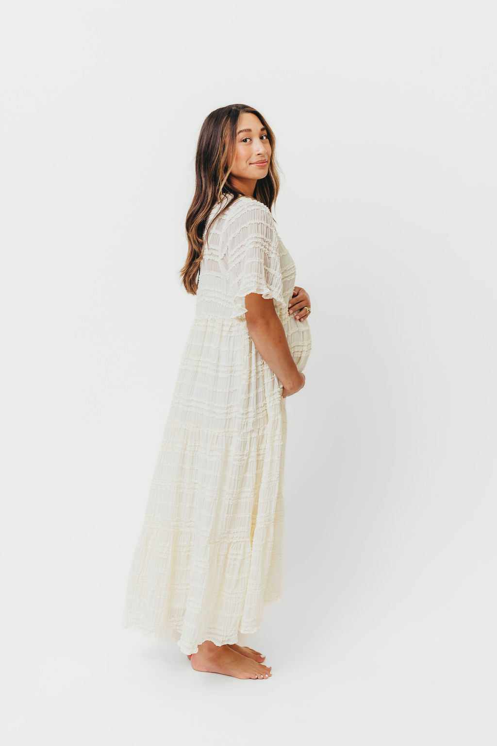 Kristin Tiered Woven Maxi Dress in Ivory - Bump Friendly Maternity Dress with Detachable Liner | Perfect for Pregnancy, Weddings & Summer Vacations